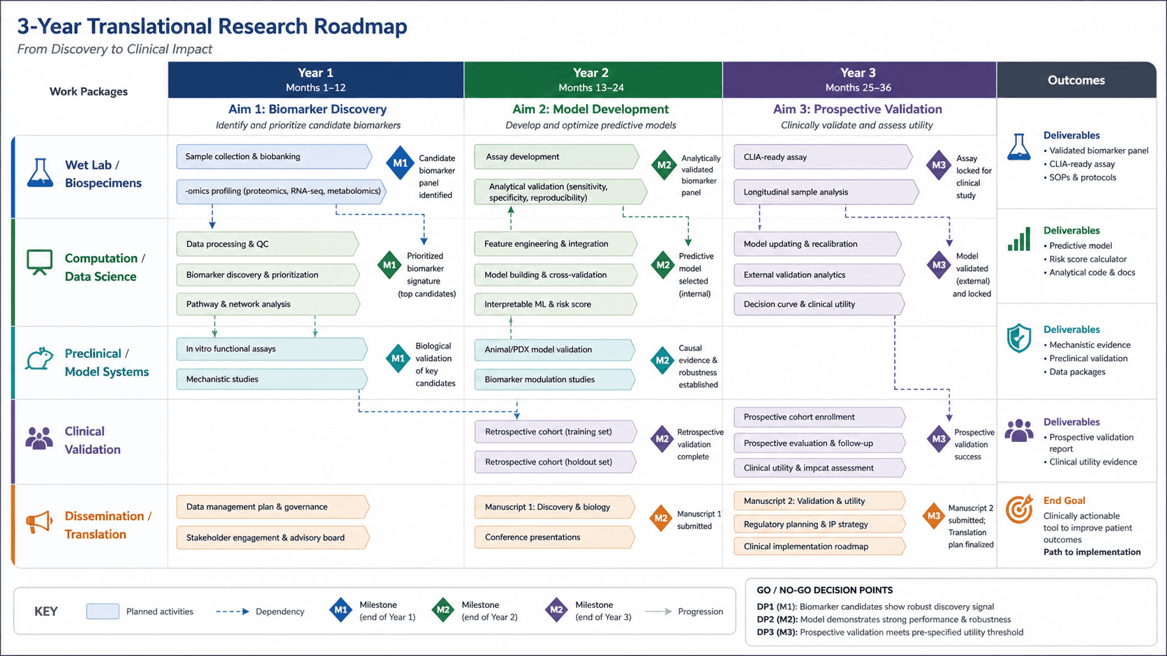 other scientific illustration: Grant proposal research roadmap with three-year timeline, work packages, milestones, decision points, and deliverables.