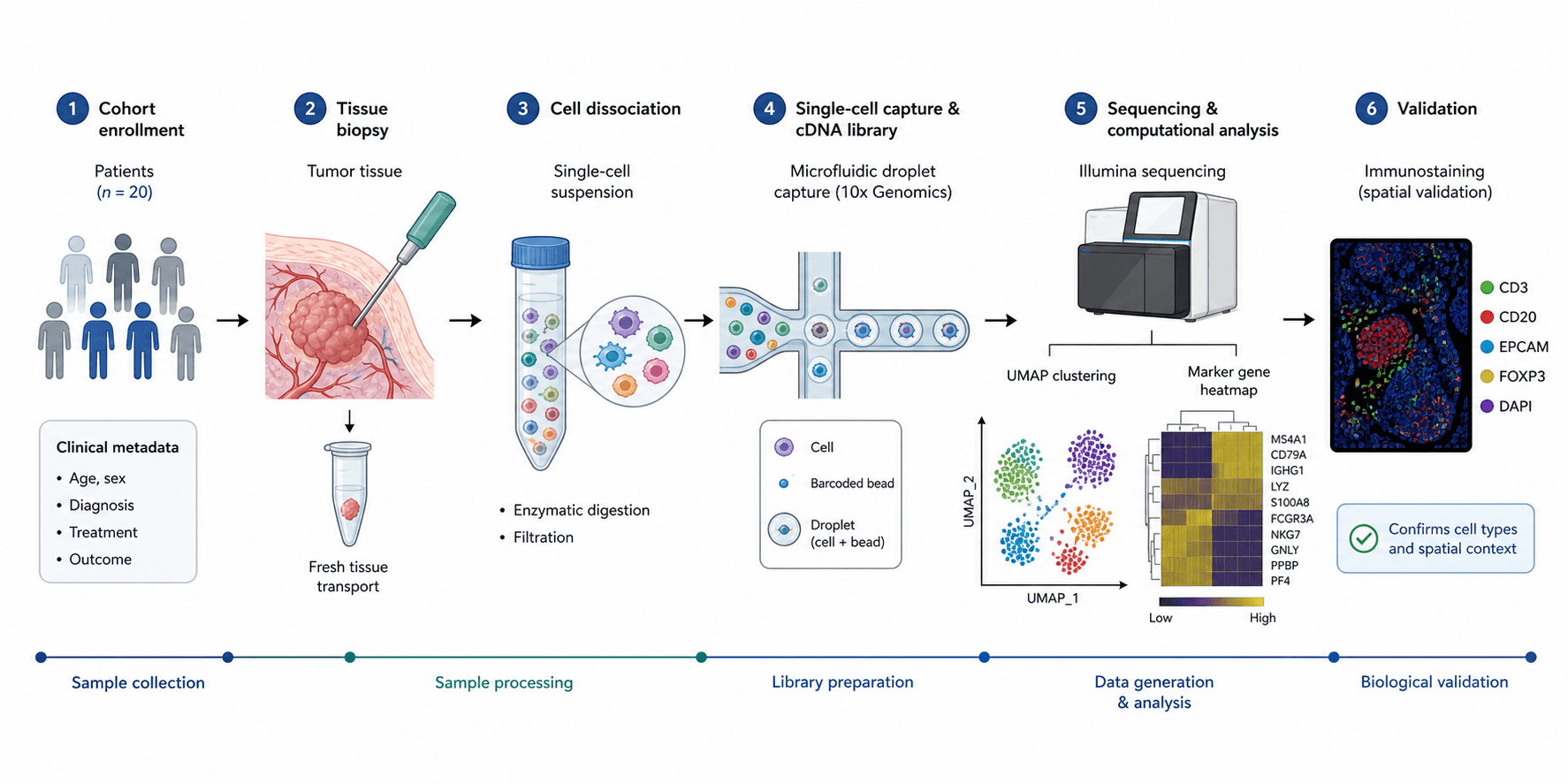 biomedical scientific illustration: Single-cell RNA-seq methods figure showing cohort enrollment, biopsy processing, droplet capture, sequencing, clustering, and validation.