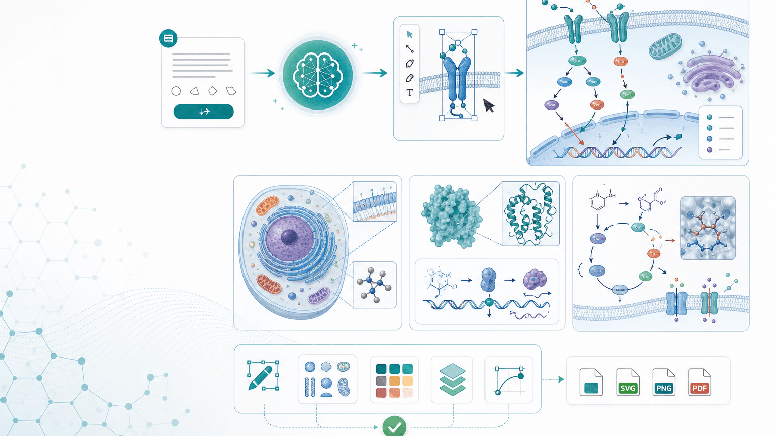 [Biomedical] AI-powered BioRender alternative workflow with prompt input, editable scientific figure canvas, biology panels, chemistry panels, and SVG, PNG, PDF export.