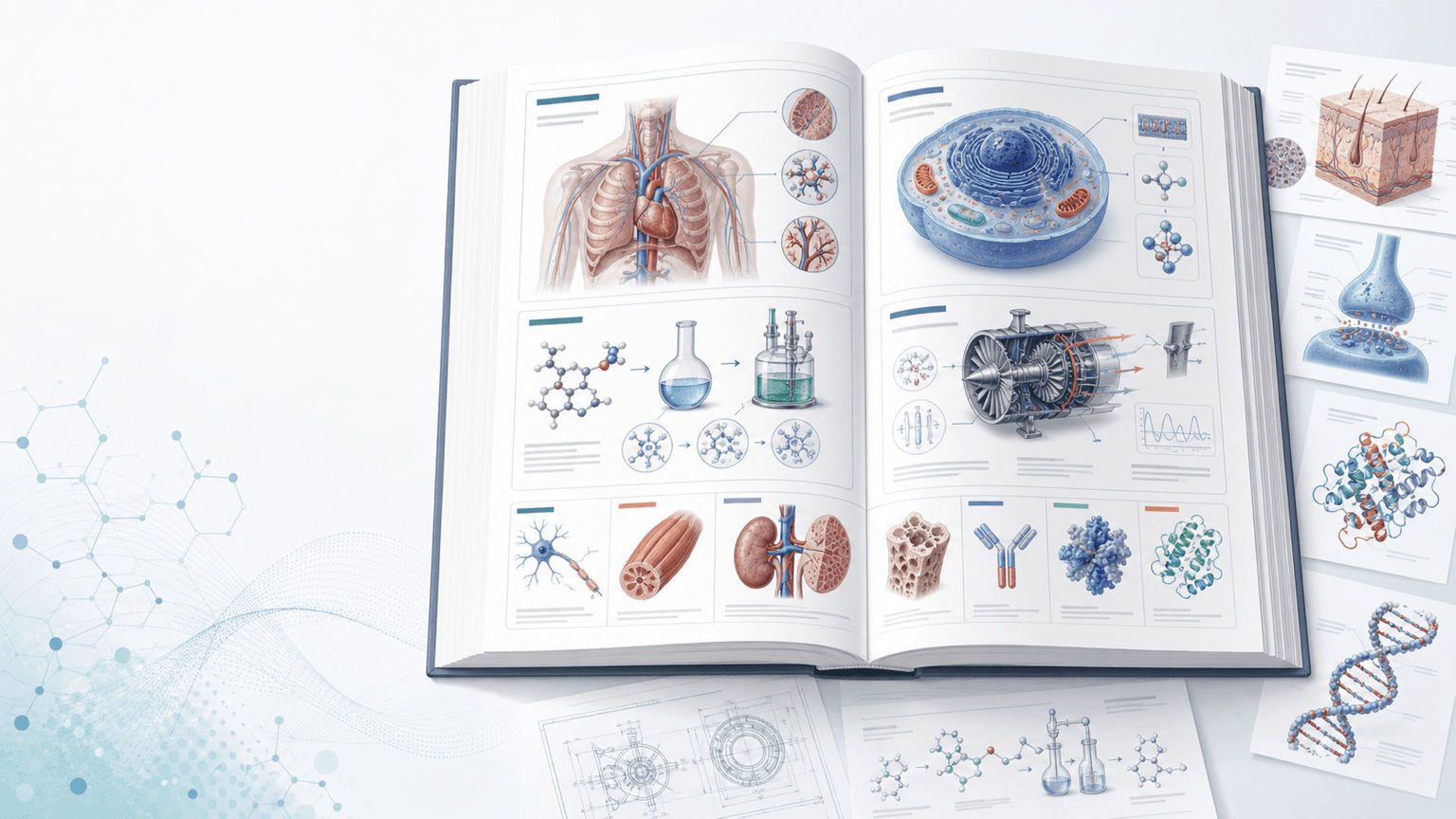 [Other] Science and medical book illustration spread with anatomy, cell biology, chemistry process, engineering schematic, and educational callout panels.