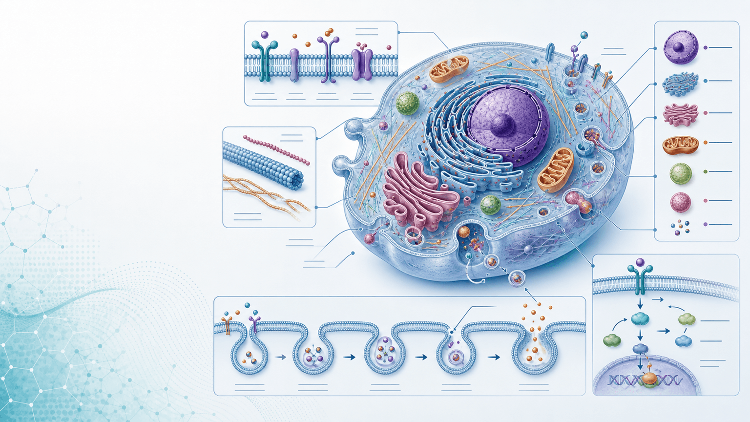 [Biomedical] Cell illustration with animal cell cross-section, organelles, membrane receptors, vesicle trafficking, endocytosis sequence, and signaling inset.