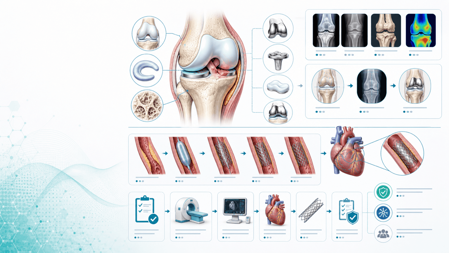 [Biomedical] Clinical illustration with orthopedic knee procedure planning, cardiovascular stent schematic, diagnostic imaging panels, safety checklist cards, and medical workflow icons.