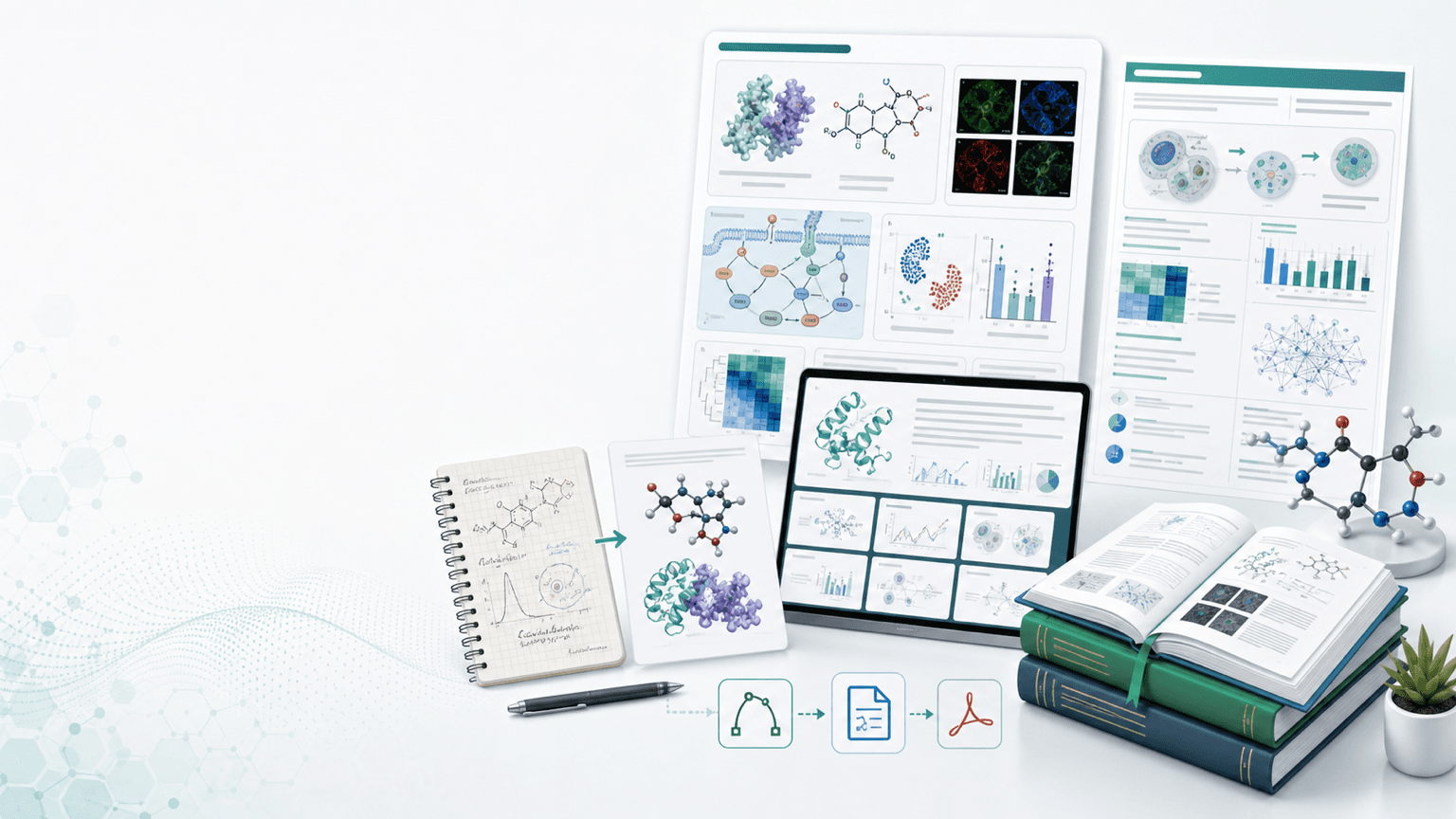 Scidraw AI for PhD students with thesis figures, conference poster, defense slides, lab sketch conversion, molecular diagrams, charts, and export-ready assets