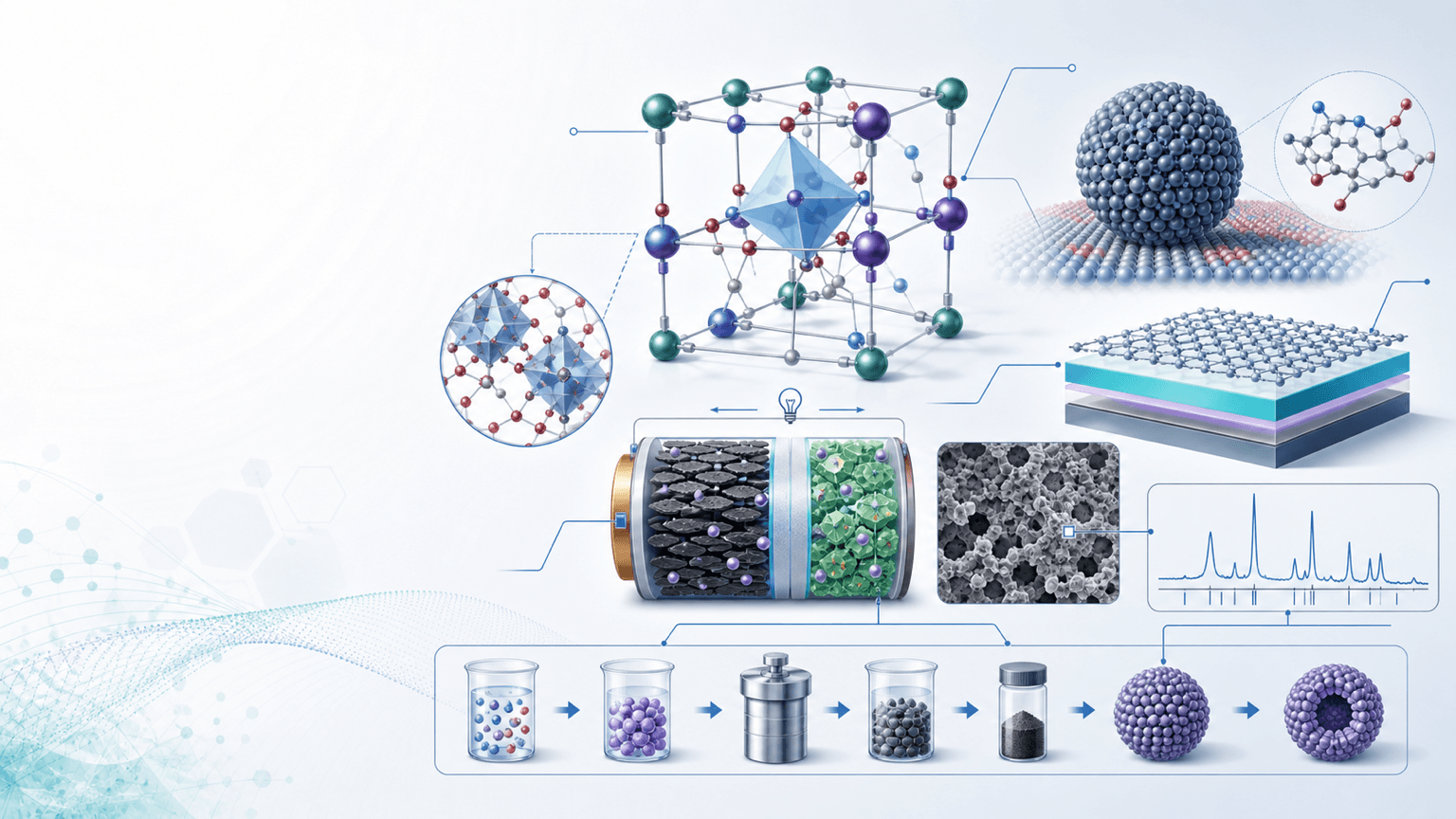 [Materials Science] Materials science figure with crystal lattice, nanoparticle surface, battery electrode cross-section, microstructure panel, characterization curve, and synthesis workflow.