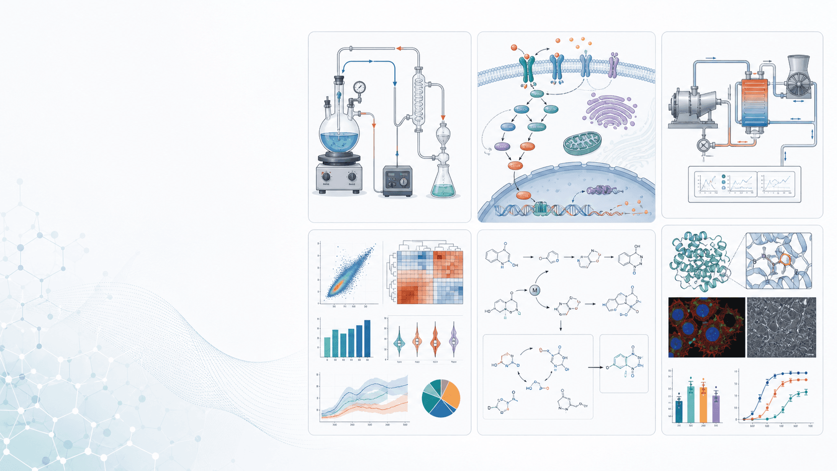 [Other] Multidisciplinary scientific diagram collage with lab apparatus, biological mechanism pathway, engineering system diagram, data visualization, and chemistry process schematic.