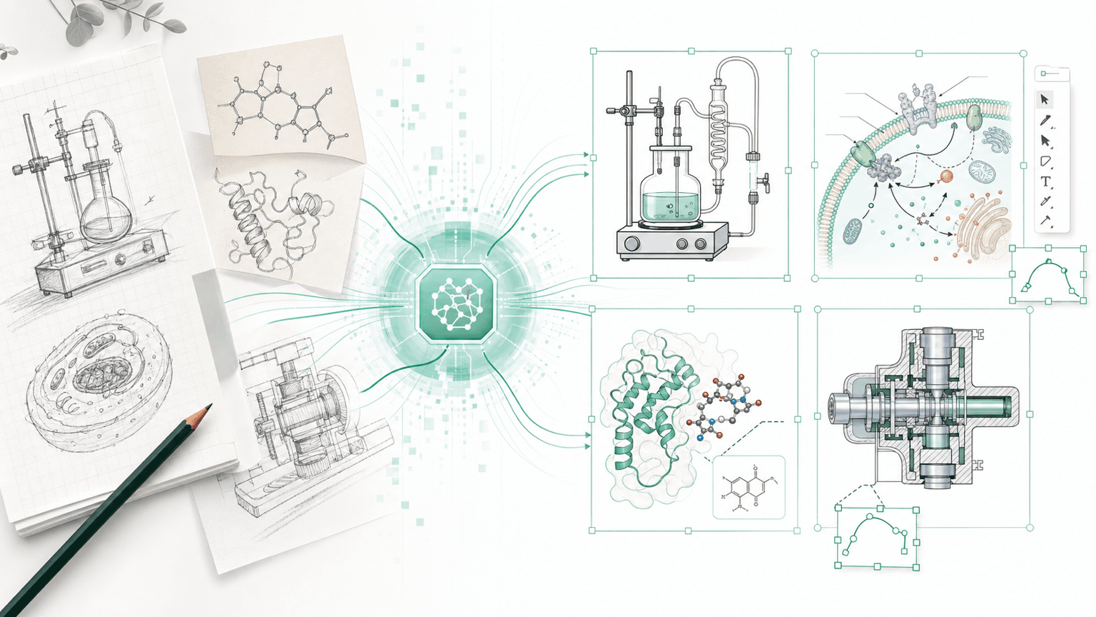 [Other] AI scientific drawing workflow transforming hand-drawn lab sketches, apparatus drawings, molecular sketches, and engineering diagrams into editable publication visuals.