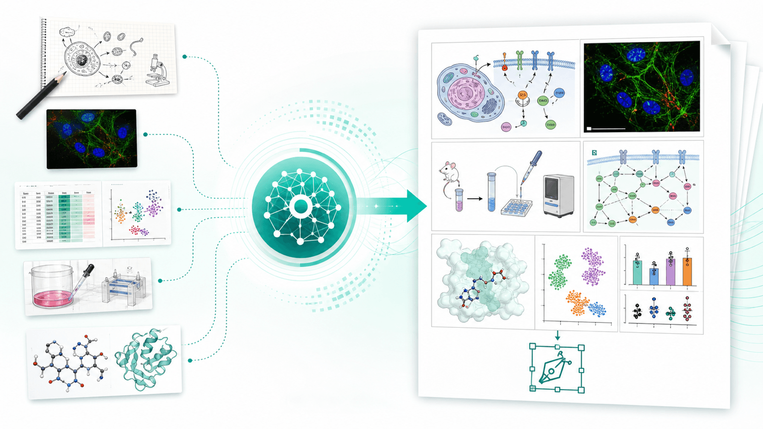 [Biomedical] Scientific figure maker workflow combining microscopy, pathway diagrams, experimental methods, molecular panels, charts, and editable vector export for research papers.