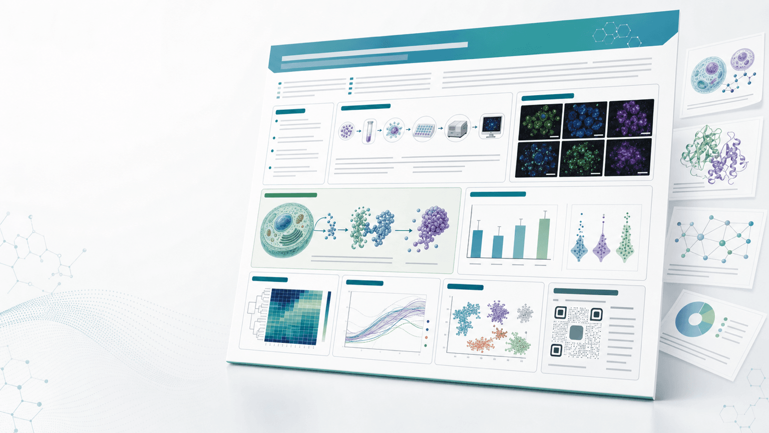 [Other] Scientific poster maker layout with modular research panels, method diagram, microscopy results, charts, graphical abstract strip, and print-ready hierarchy.