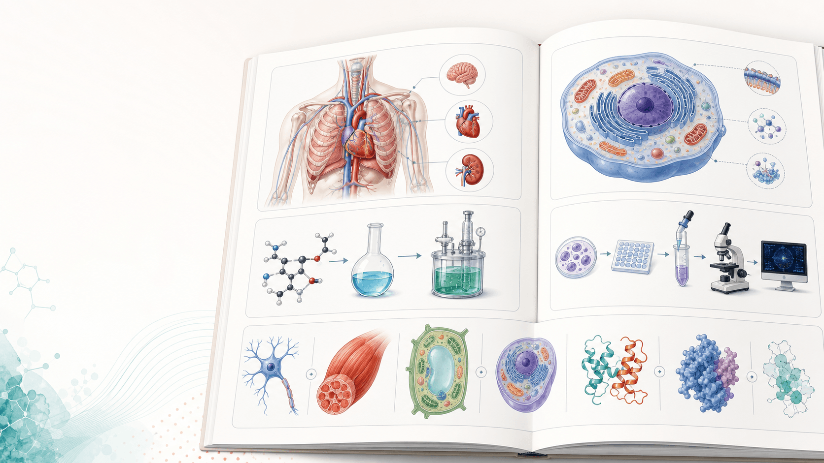 AI-generated science textbook illustration layout with anatomy, cell biology, chemistry, workflow, and concept comparison diagrams