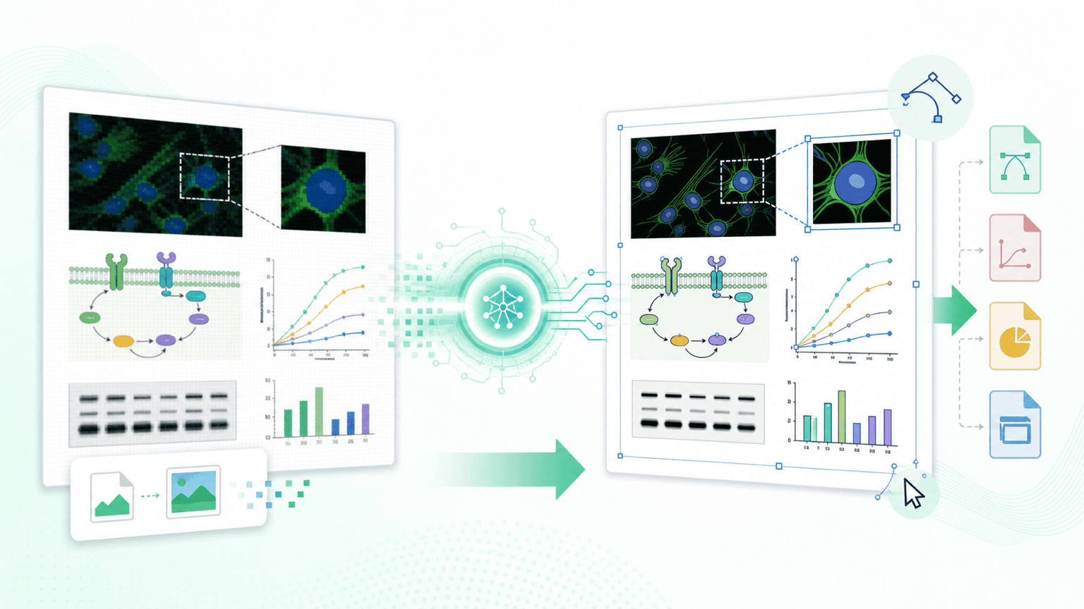 [Other] Scientific image vectorizer converting a raster research figure into crisp editable vector panels with anchor points, selectable shapes, and export-ready file formats.