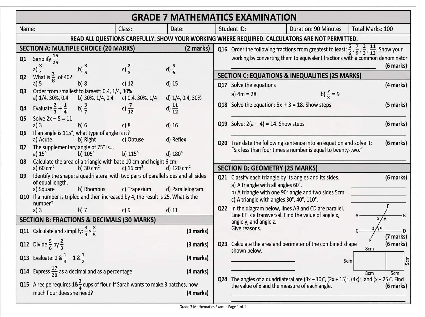 Verifica di Matematica — Frazioni, equazioni e geometria organizzati su un foglio A3.
