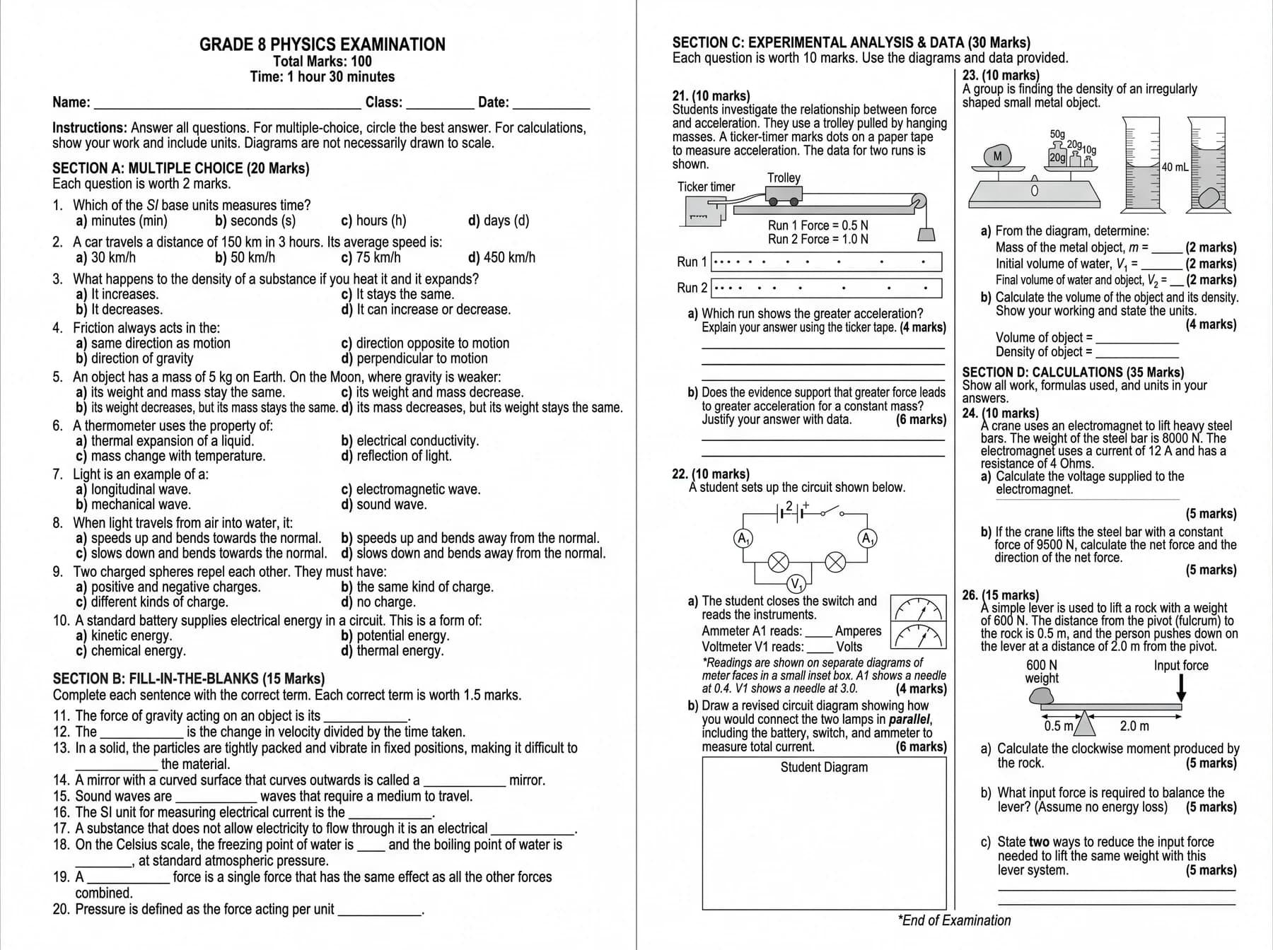 Esame finale di Fisica — Un foglio A3 con domande a scelta multipla, esperimenti, calcoli e diagrammi.