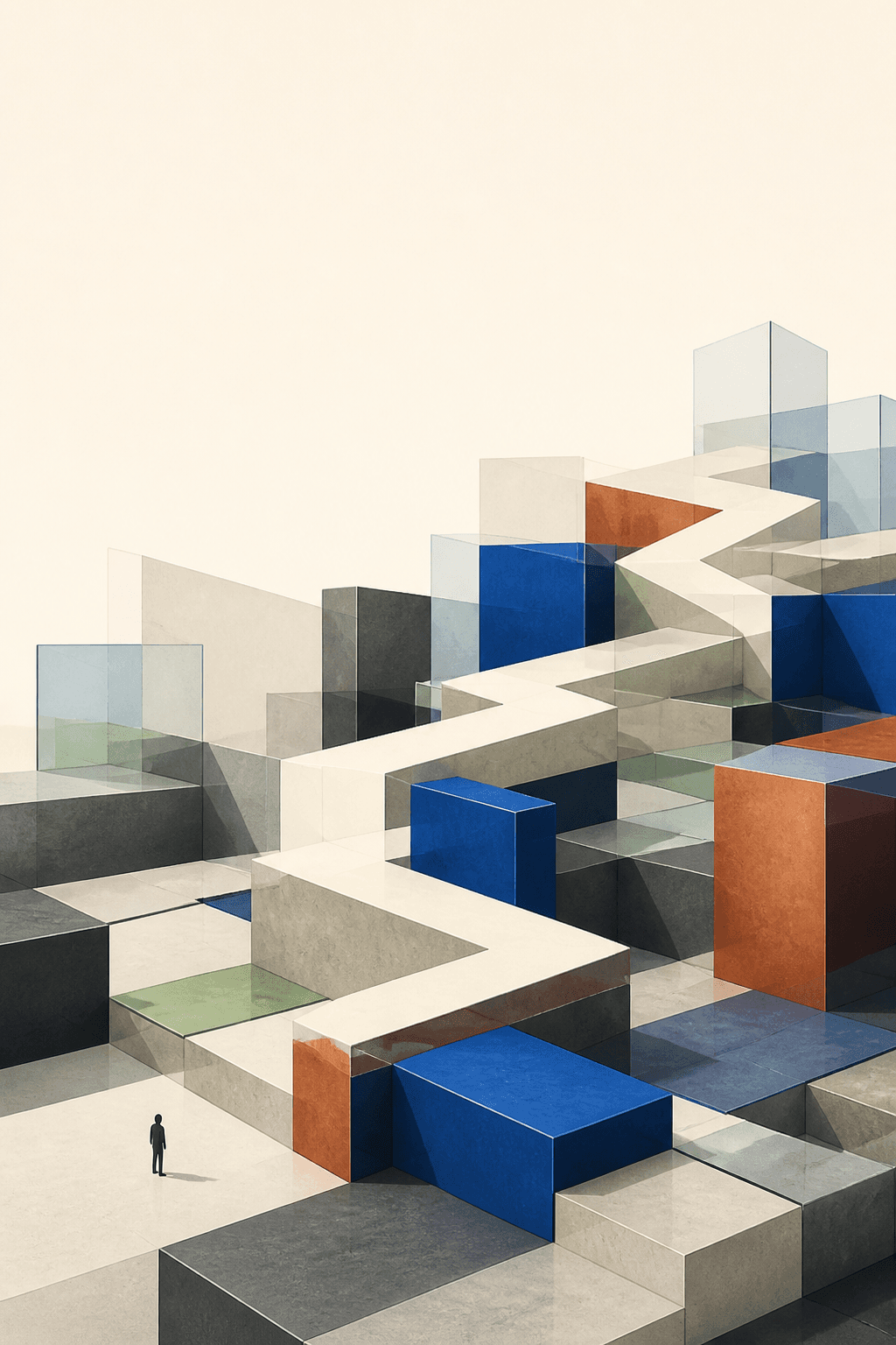 Business Nonfiction — Geometric pathways and architectural blocks visualize systems thinking and steady progress.