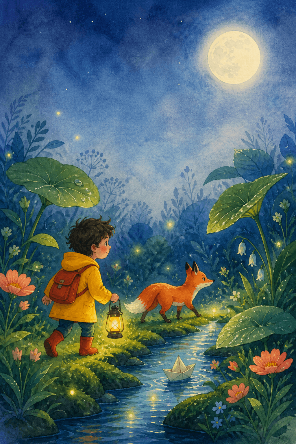 Children's Adventure — A young explorer and friendly fox cross a magical garden in warm watercolor and gouache.
