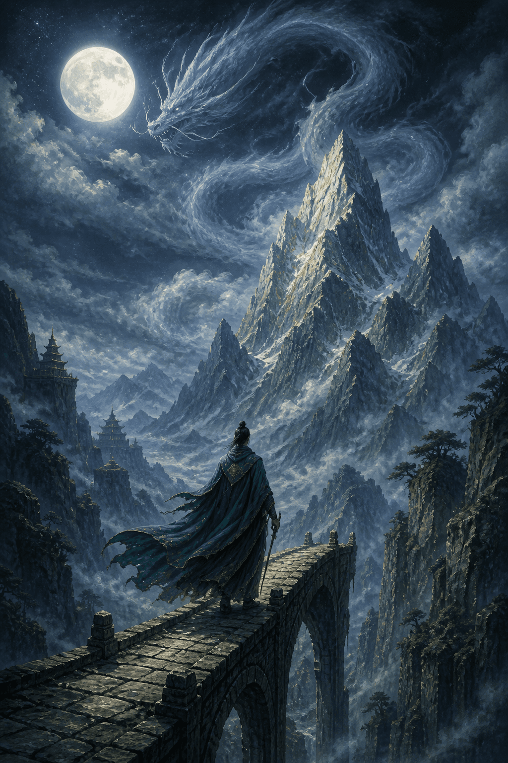 Epic Fantasy Adventure — A lone traveler, impossible mountain peaks, and a moonlit cloud-dragon create mythic scale.