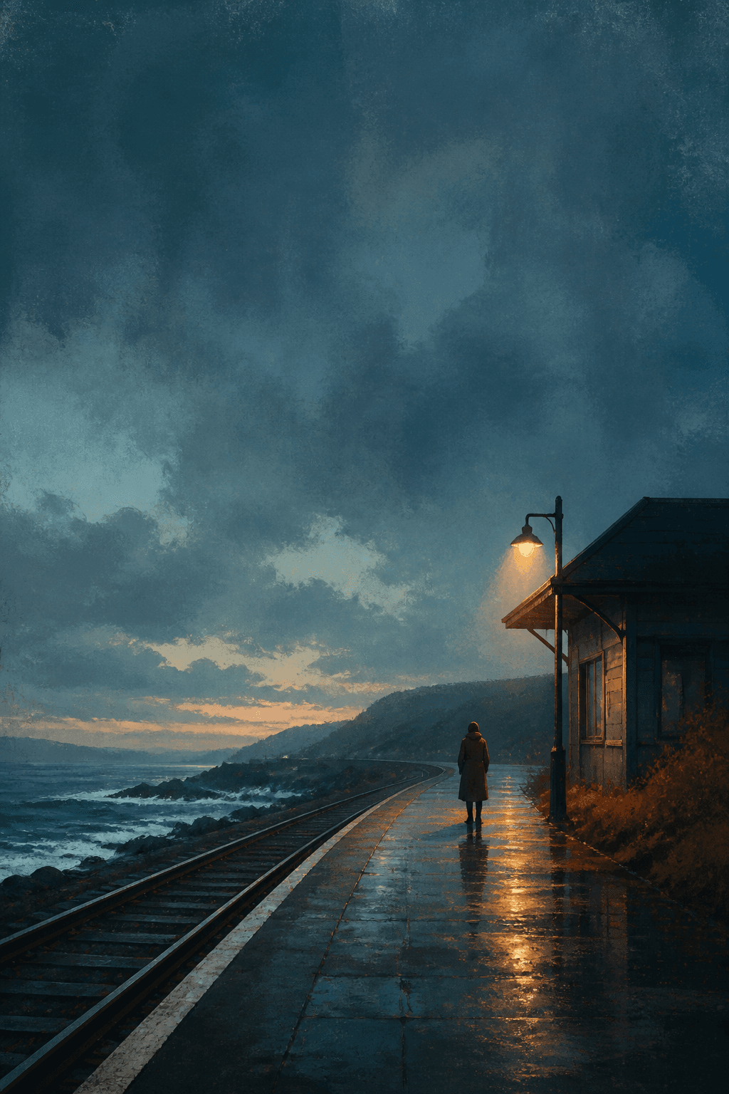 Literary Fiction — A reflective coastal railway scene with restrained editorial color and a quiet upper title area.