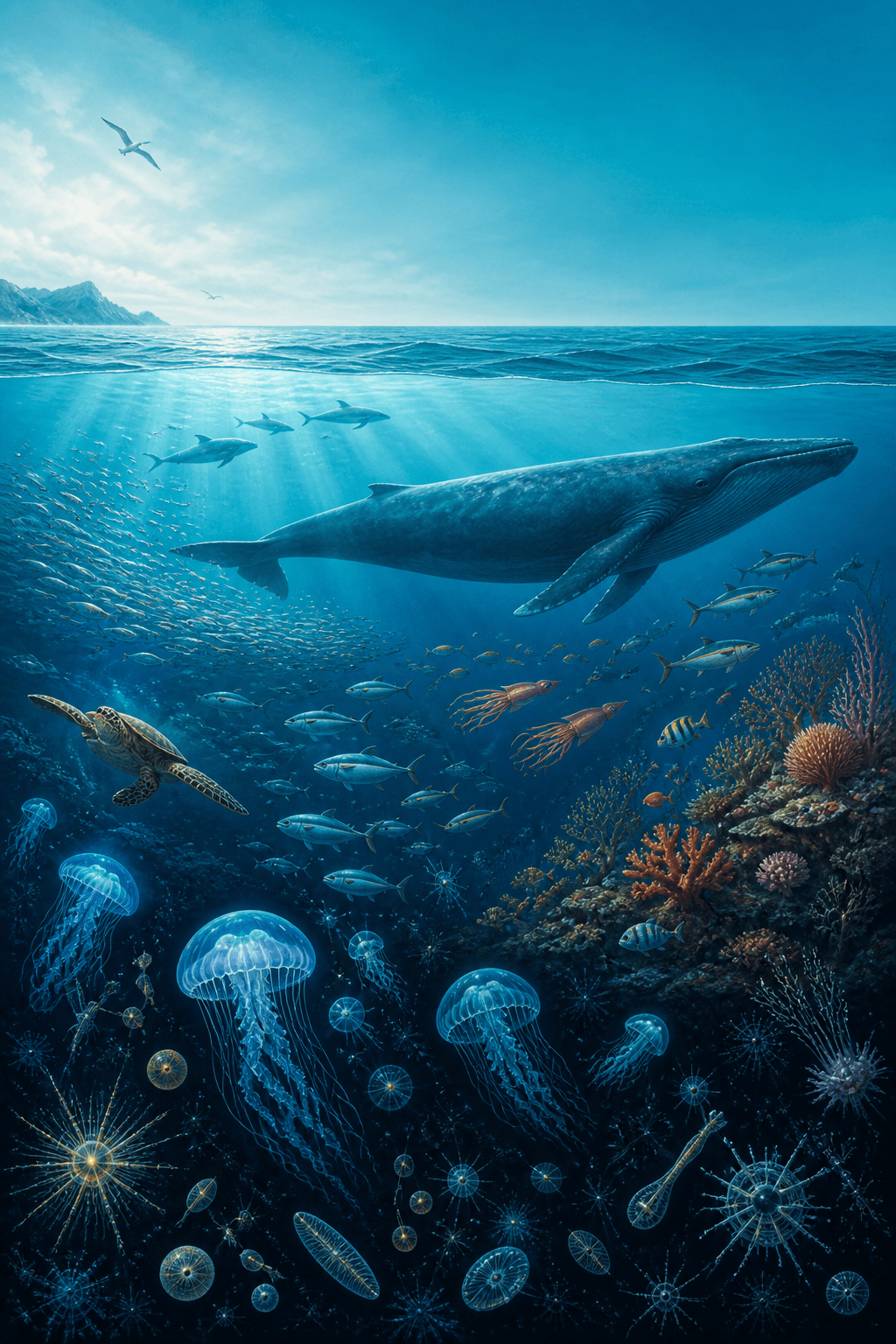 Marine Biology Textbook — A layered ocean ecosystem combines scientific credibility with a vivid natural-history style.