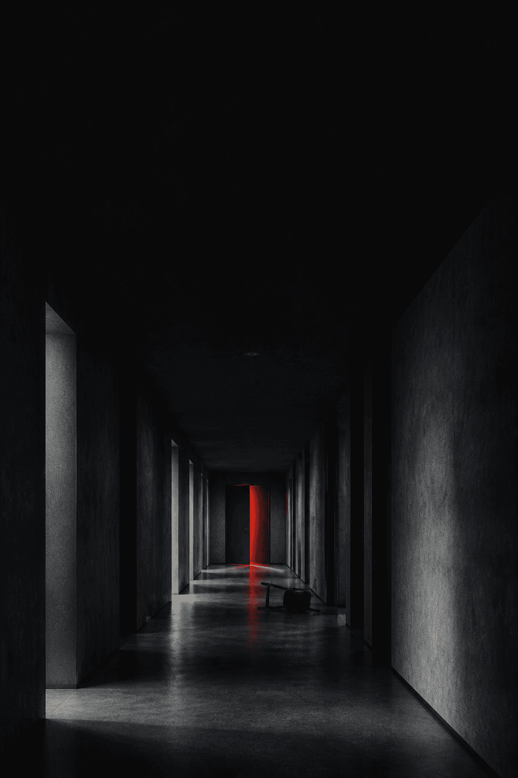 Psychological Thriller — A dark apartment corridor and one crimson-lit doorway form a tense minimalist cover.