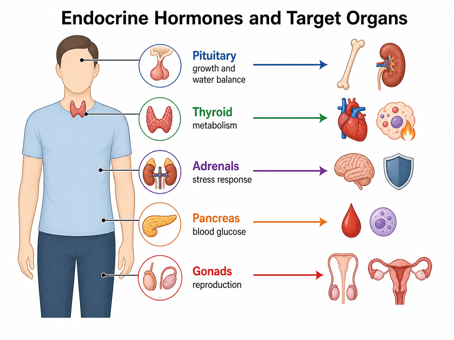 Endokrine Drüsen und Hormonziele — Vereinfachtes Flussdiagramm, das die wichtigsten Drüsen, Hormone und Zielorgane verbindet.