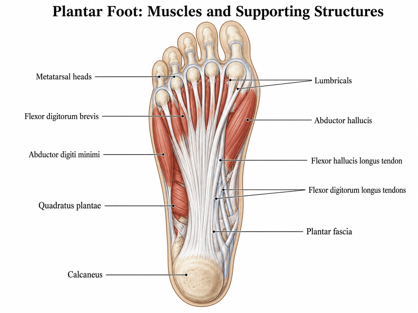 Muscoli e legamenti del piede — Vista plantare che mostra i principali muscoli intrinseci, fascia plantare, tendini e legamenti.