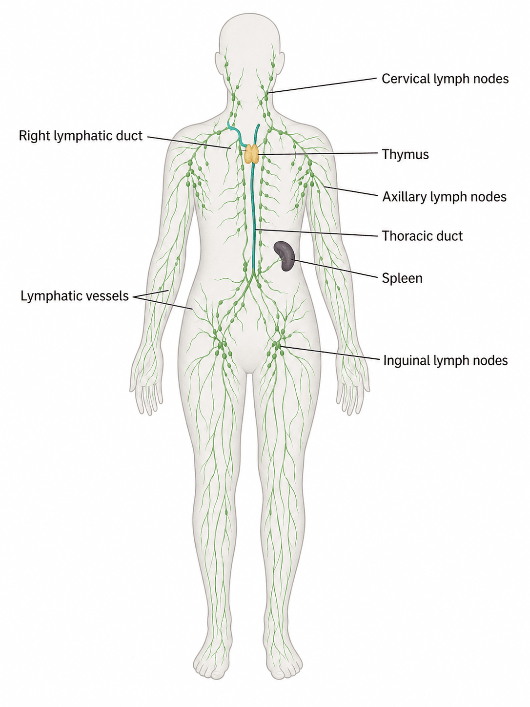 Beschriftetes Lymphsystem-Diagramm — Ganzkörperkarte der wichtigsten Lymphgefäße, Lymphknotengruppen und lymphatischen Organe.