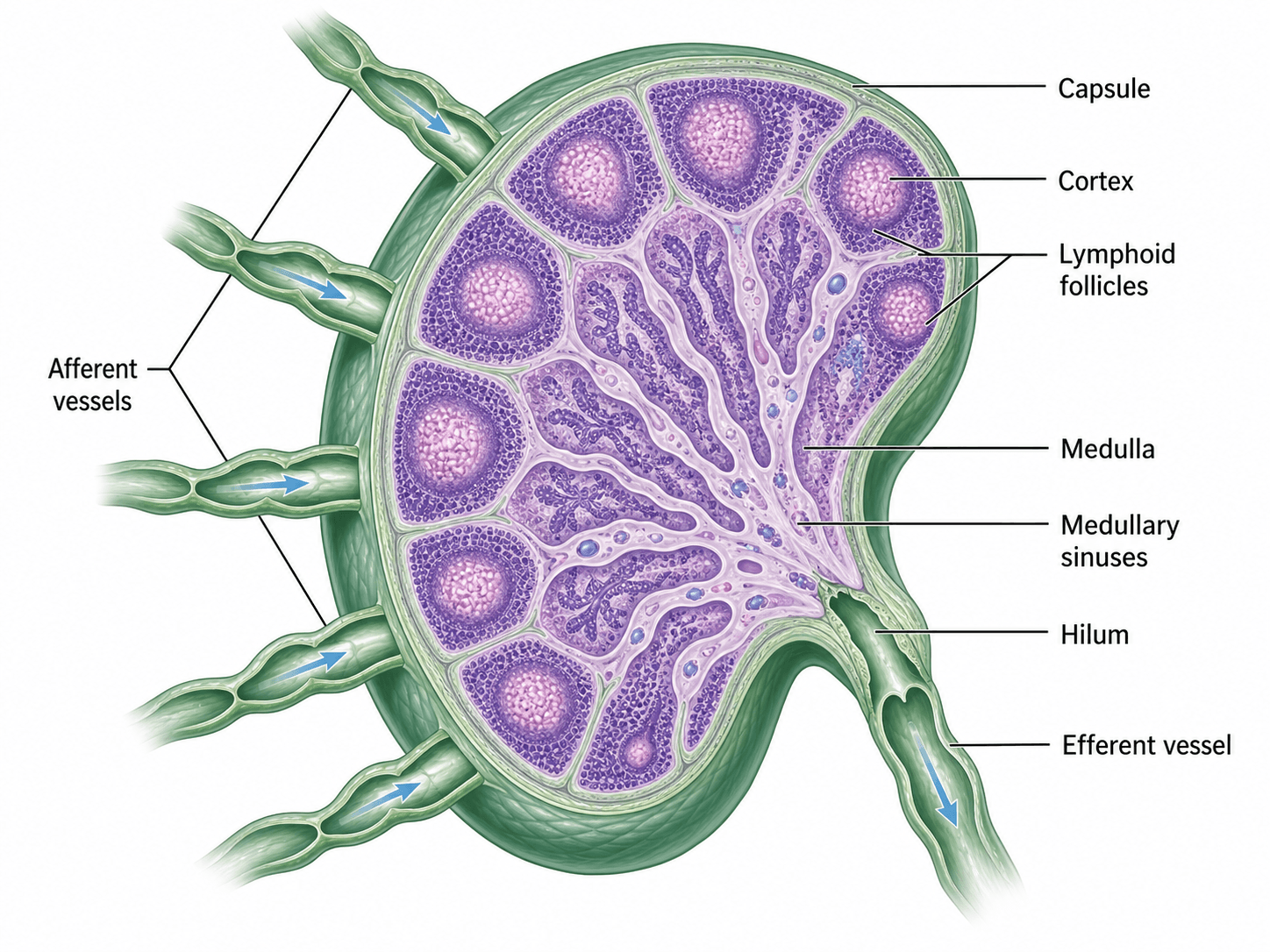 Lymphknoten-Querschnitt — Schnittansicht, die Kapsel, Cortex, Medulla, Sinus sowie afferente und efferente Gefäße zeigt.