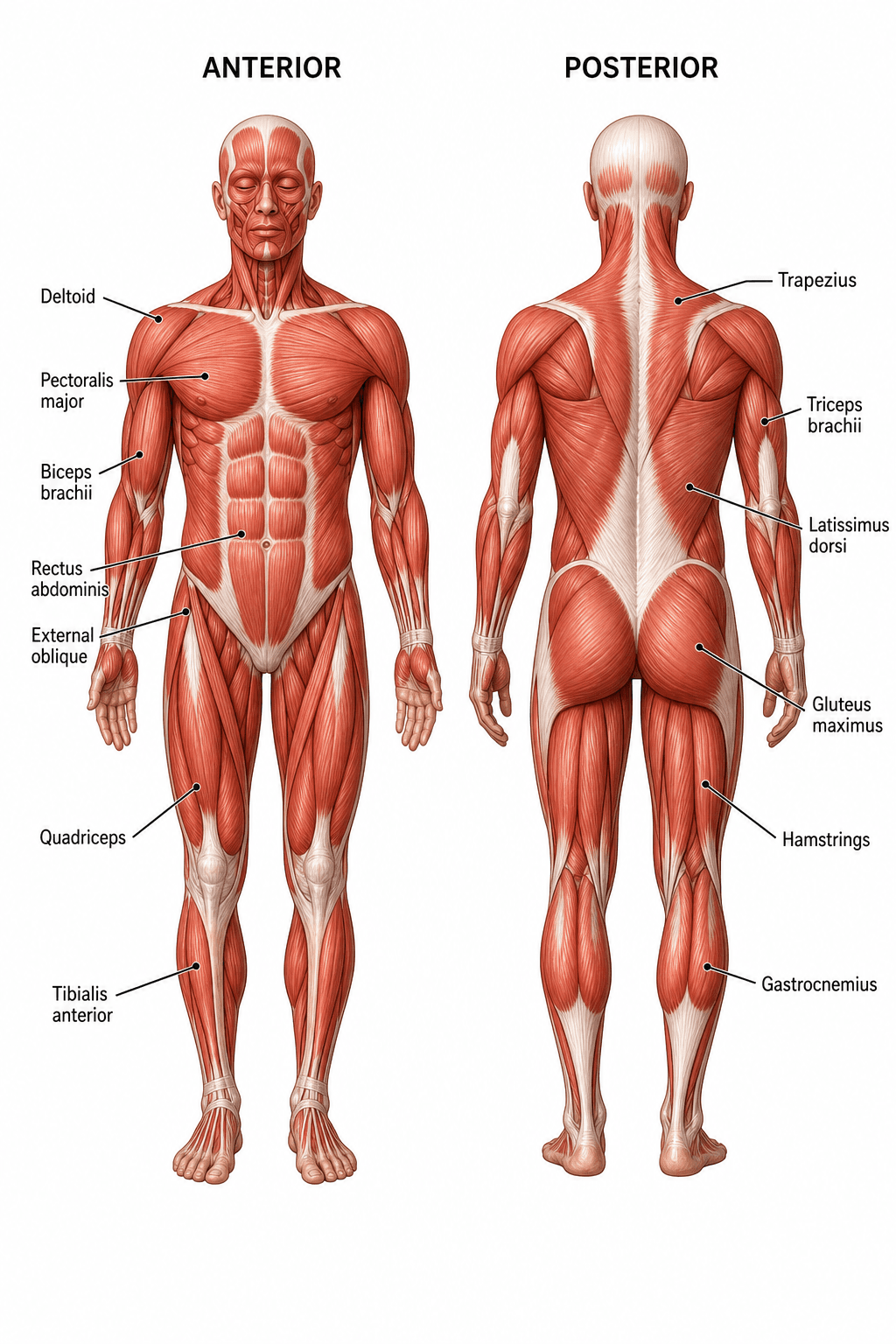 Labeled Muscular System Diagram — Anterior and posterior views identifying the major superficial muscles.