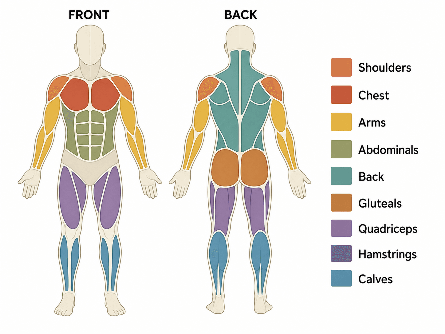Major Muscle Groups Diagram — Simplified overview of the principal muscle groups used in anatomy and movement study.