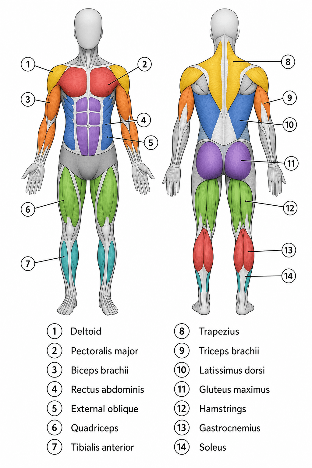 Muscular System Answer Key — Matching labeled answer key for the blank muscle worksheet.