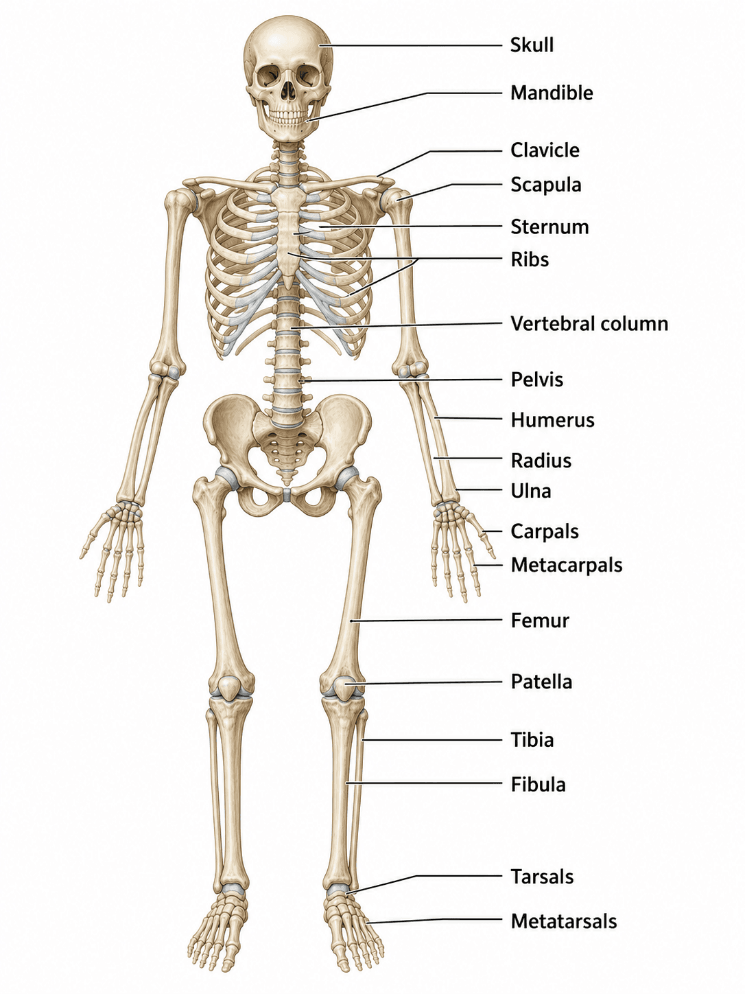 Diagrama del esqueleto humano etiquetado — Esqueleto de cuerpo completo en vista anterior con los principales huesos axiales y apendiculares claramente identificados.