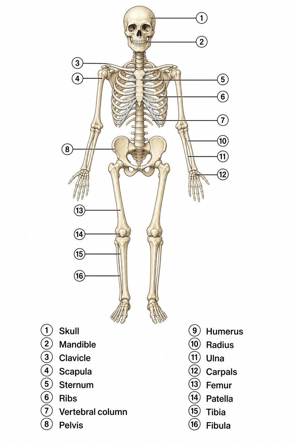 Clave de respuestas del diagrama del esqueleto — Clave de respuestas con etiquetas para la hoja de trabajo del esqueleto humano en blanco.