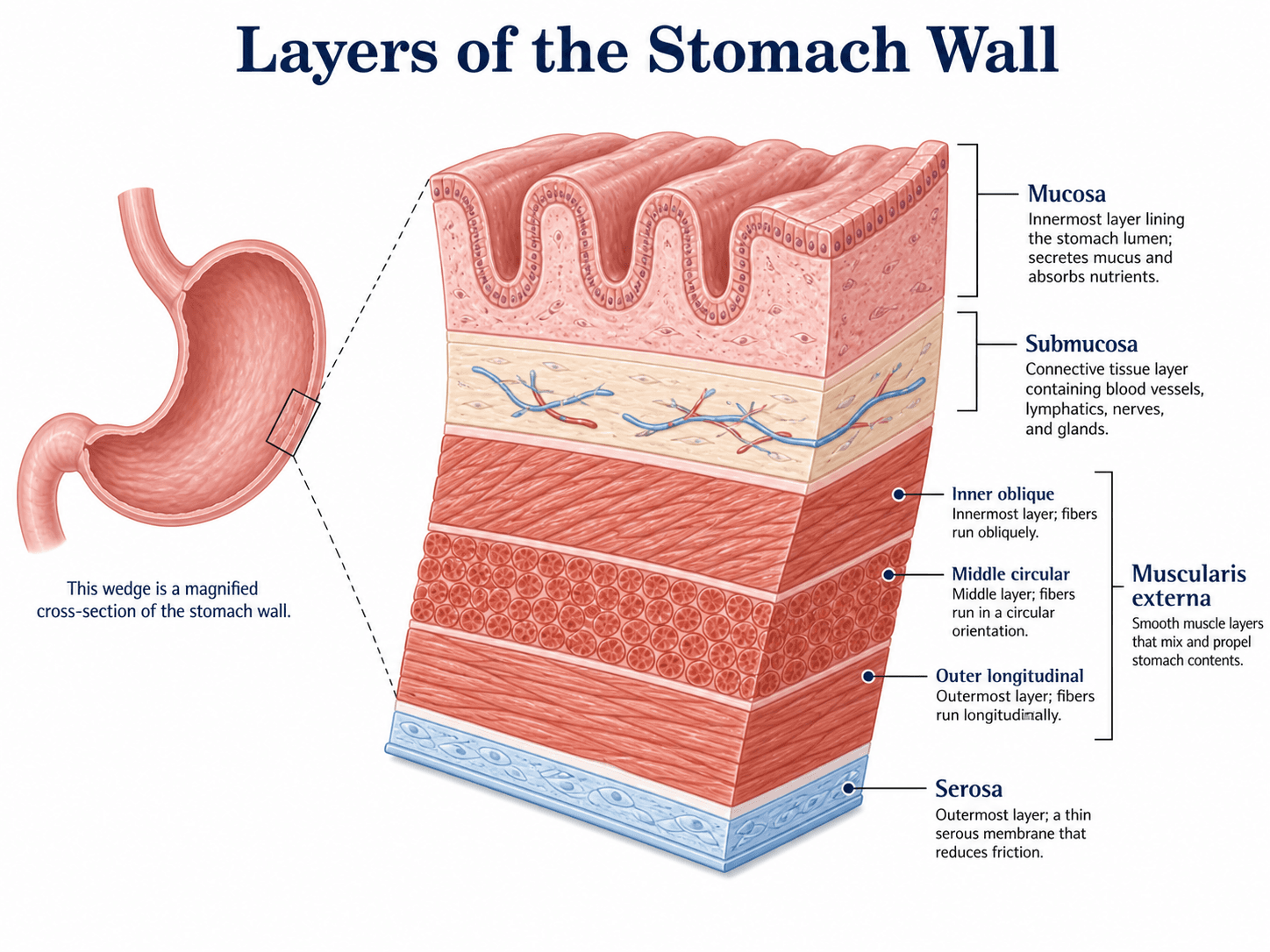 Diagramma degli strati della parete dello stomaco — Sezione trasversale che mostra mucosa, sottomucosa, strati muscolari e sierosa.