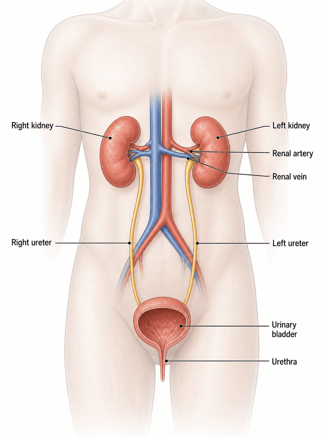 Diagrama del sistema urinario etiquetado — Vista anterior que identifica los riñones, los uréteres, la vejiga urinaria y la uretra.