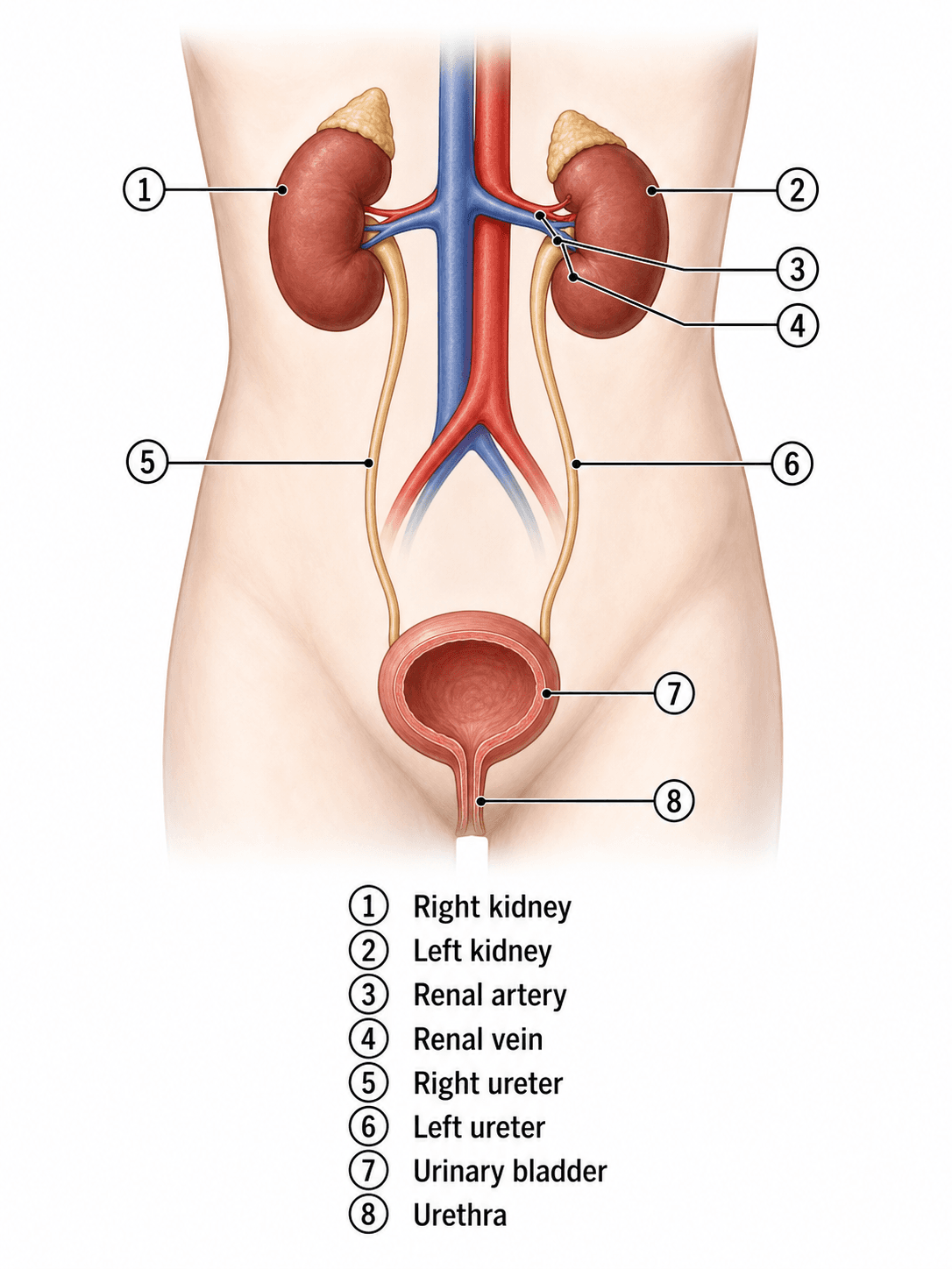 Clave de respuestas del sistema urinario — Clave de respuestas con etiquetas para la hoja de trabajo del sistema urinario.