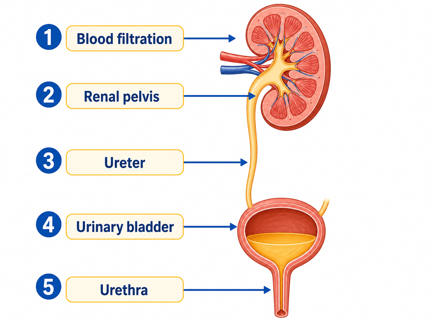 Diagrama de flujo de orina — Recorrido paso a paso desde la filtración renal a través de los uréteres, la vejiga y la uretra.