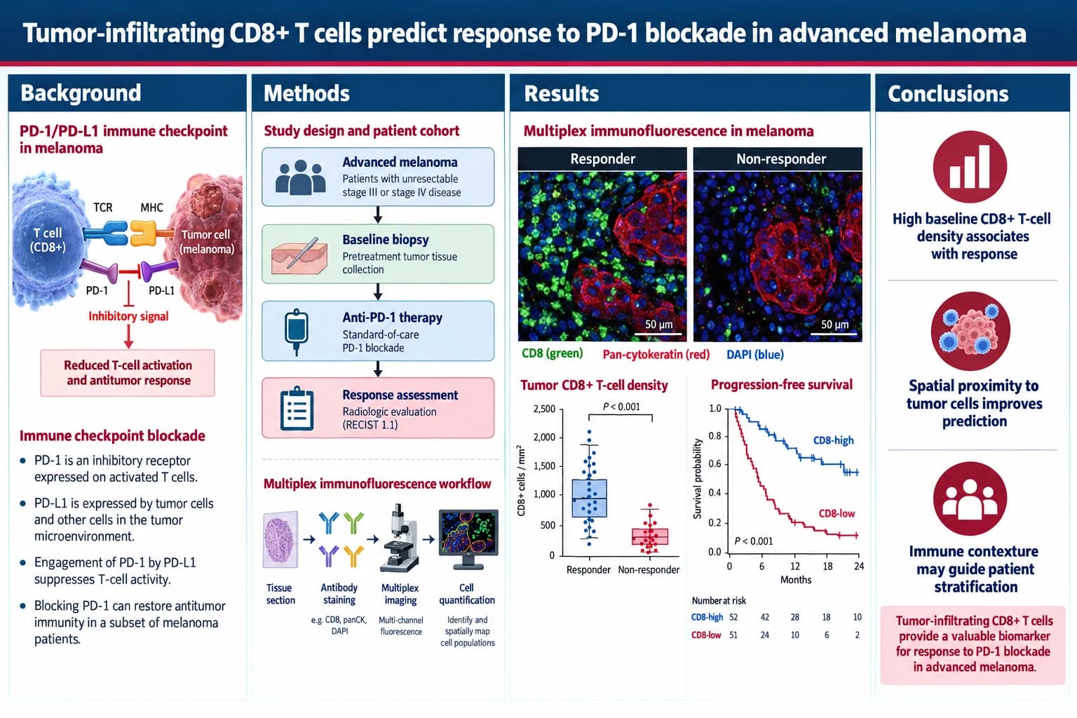 PD-1 blockade response — Checkpoint diagram, tissue panels and a progression-free survival curve.