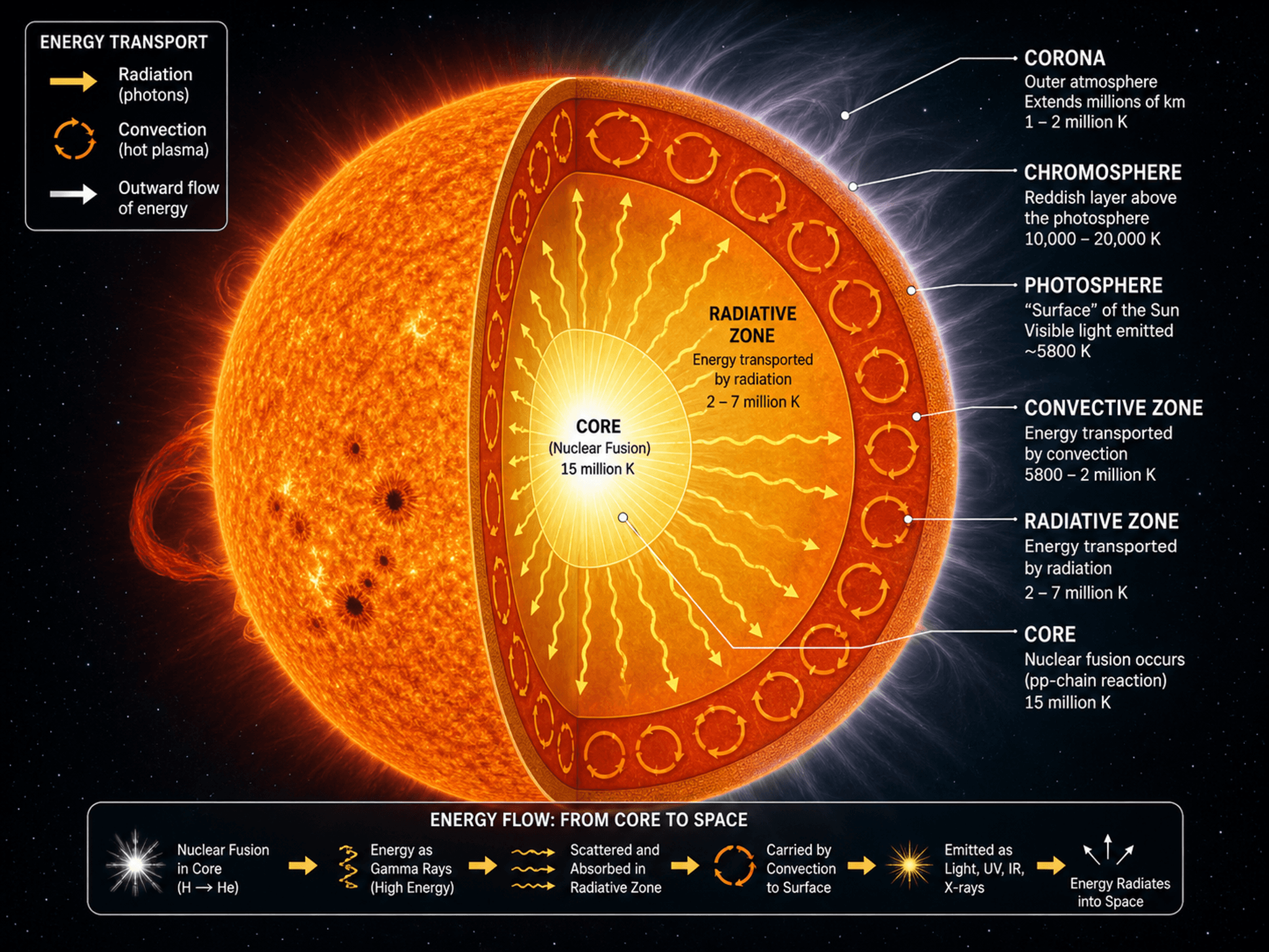 Sternaufbau — Astrophysikalische Illustration der inneren Schichten eines Sterns und des Energietransports.