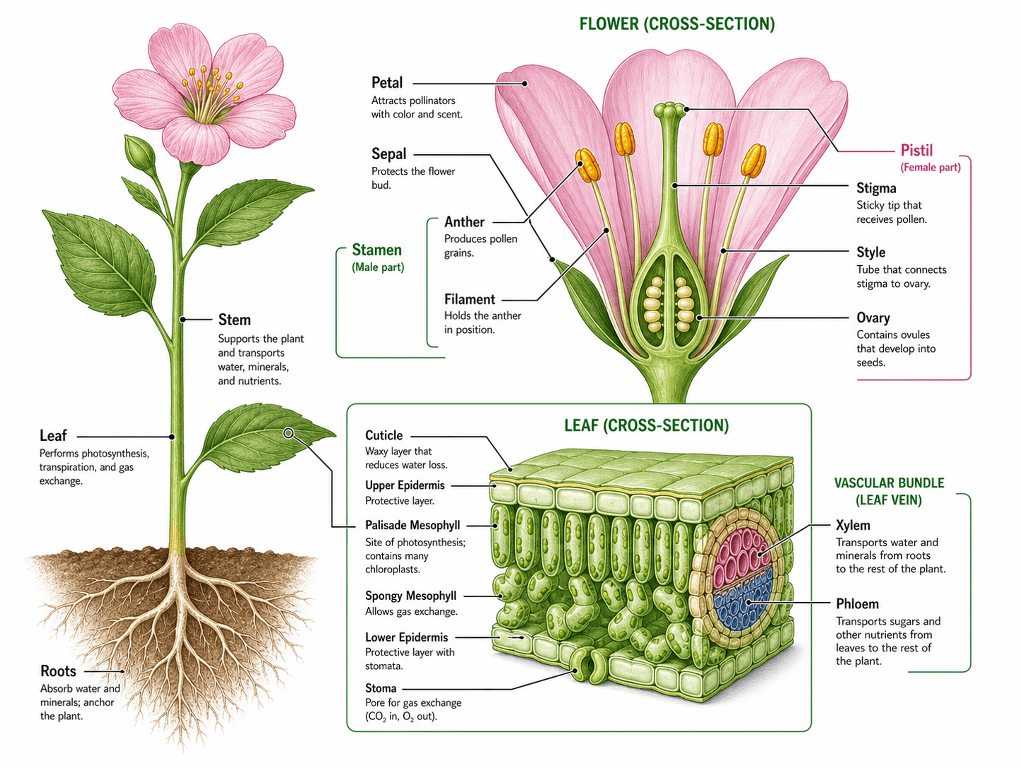 Anatomie einer Blütenpflanze — Botanische Illustration der Pflanzen- und Blütenstruktur für Biologie- und Ökologieartikel.