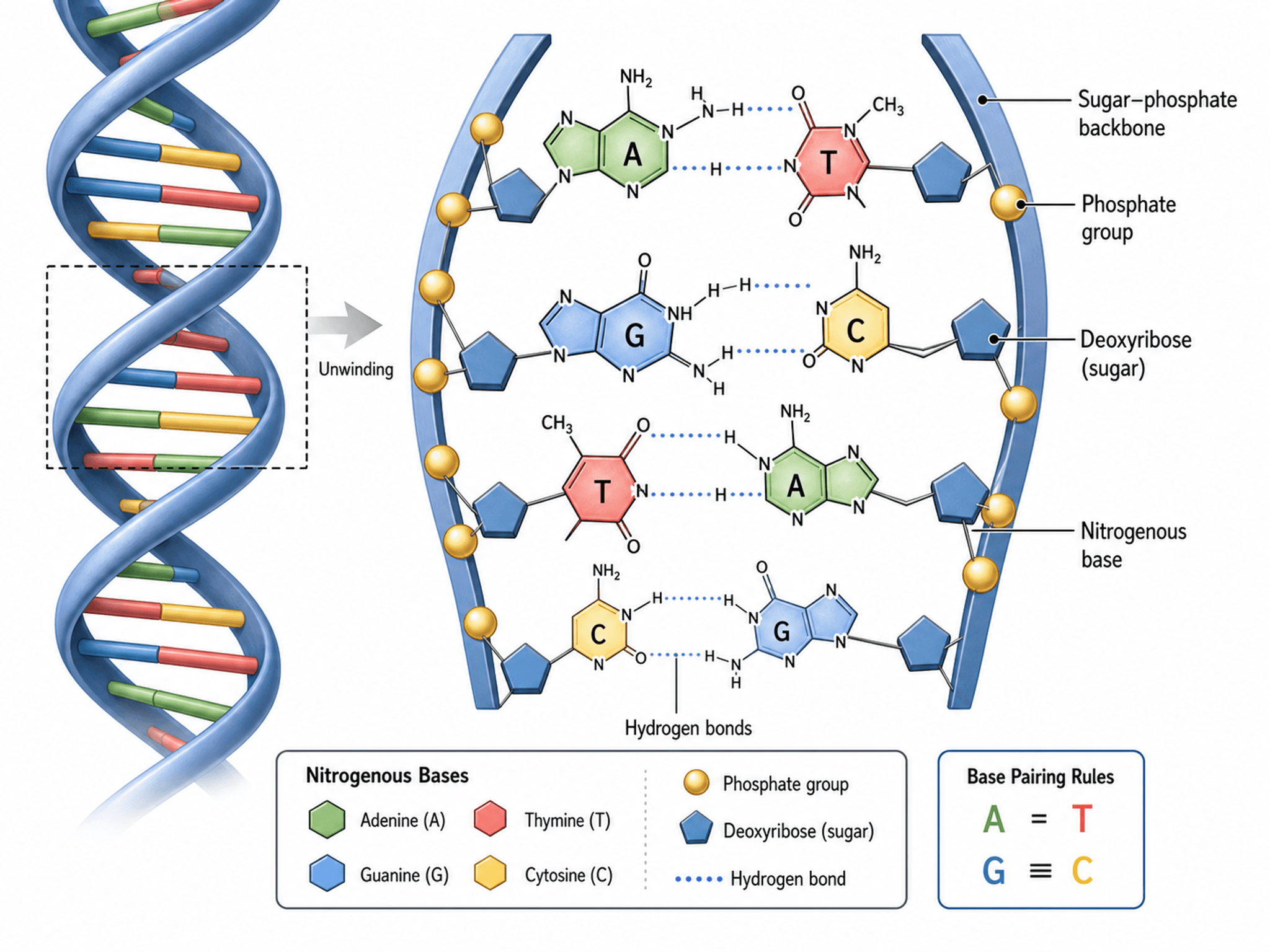 DNA-Doppelhelix — Molekulare Illustration der DNA-Basenpaarung für Genetik- und Biochemie-Zeitschriften.