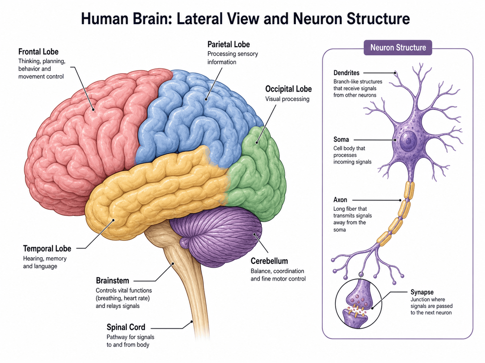 Anatomie des menschlichen Gehirns — Neurowissenschaftliche Illustration der Hirnregionen und eines beschrifteten Neurons für Forschungsabbildungen.