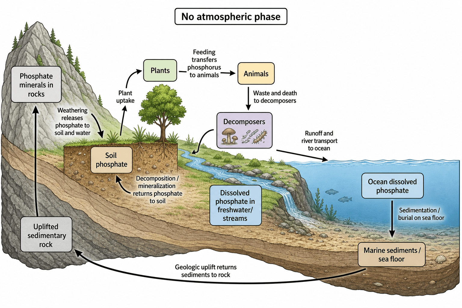 Phosphorkreislauf-Diagramm — Ein sedimentärer Phosphorkreislauf von der Gesteinsverwitterung über Pflanzen und Tiere bis zu Meeressediment und Hebung.