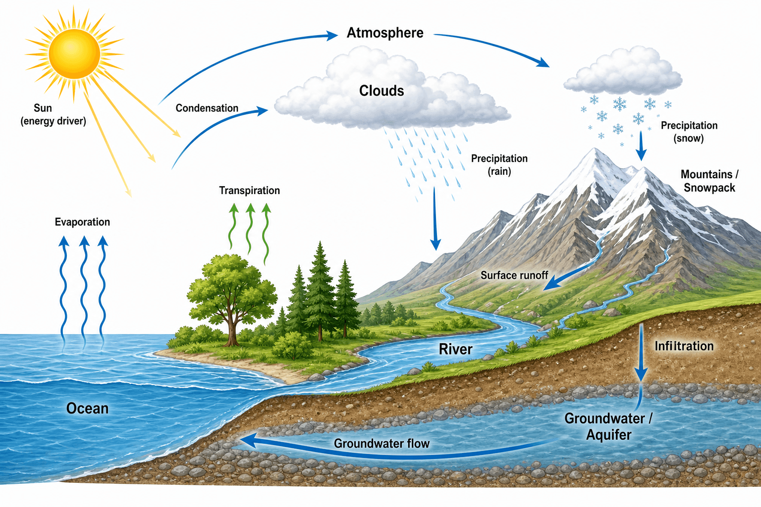 Wasserkreislauf-Diagramm — Ein hydrologischer Kreislauf mit Verdunstung, Kondensation, Niederschlag, Abfluss und Versickerung, angetrieben von der Sonne.
