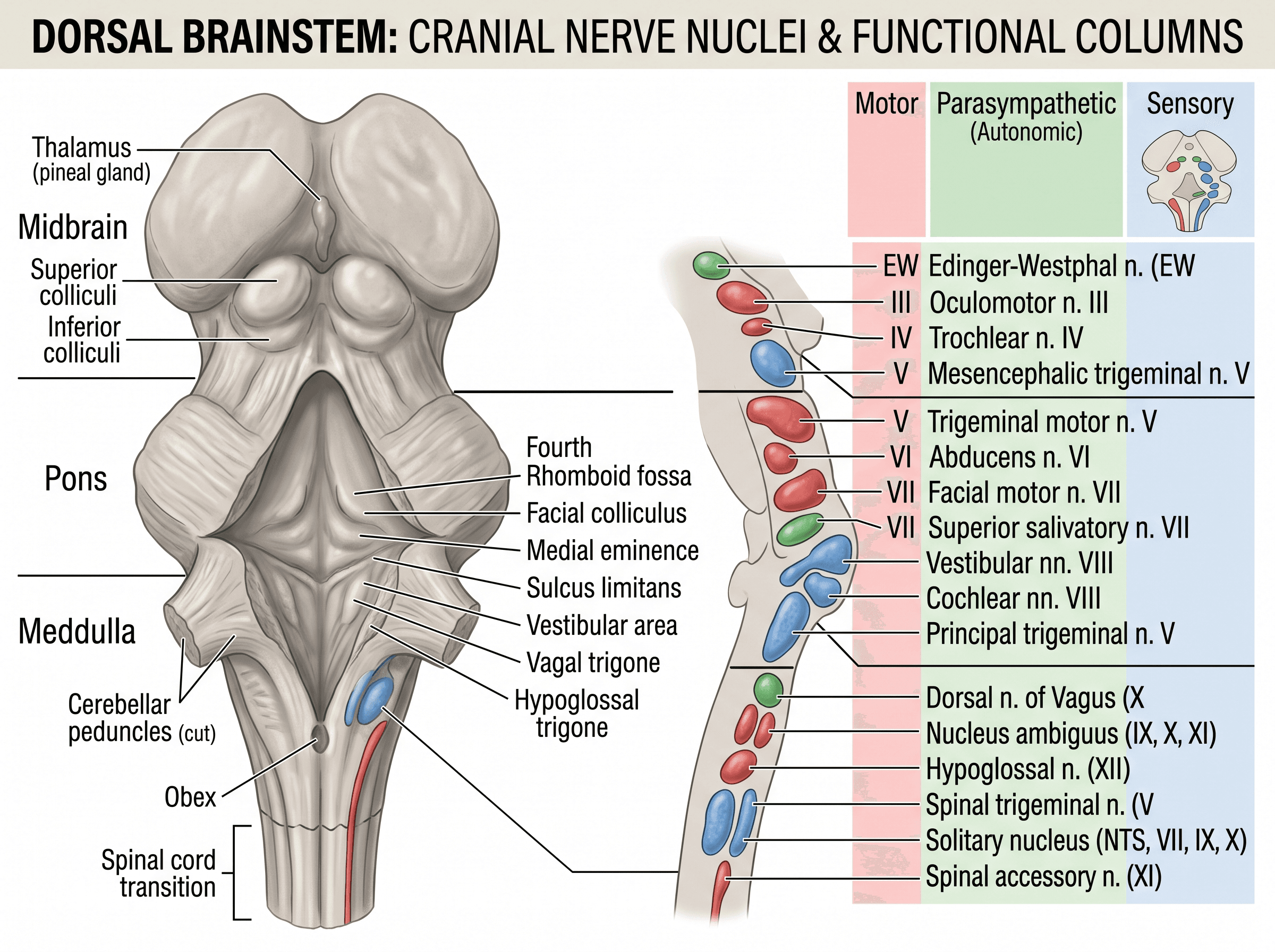 Carte des noyaux des nerfs crâniens — Vue dorsale où les noyaux des nerfs crâniens sont disposés par étage et regroupés en colonnes motrice, sensitive et parasympathique.