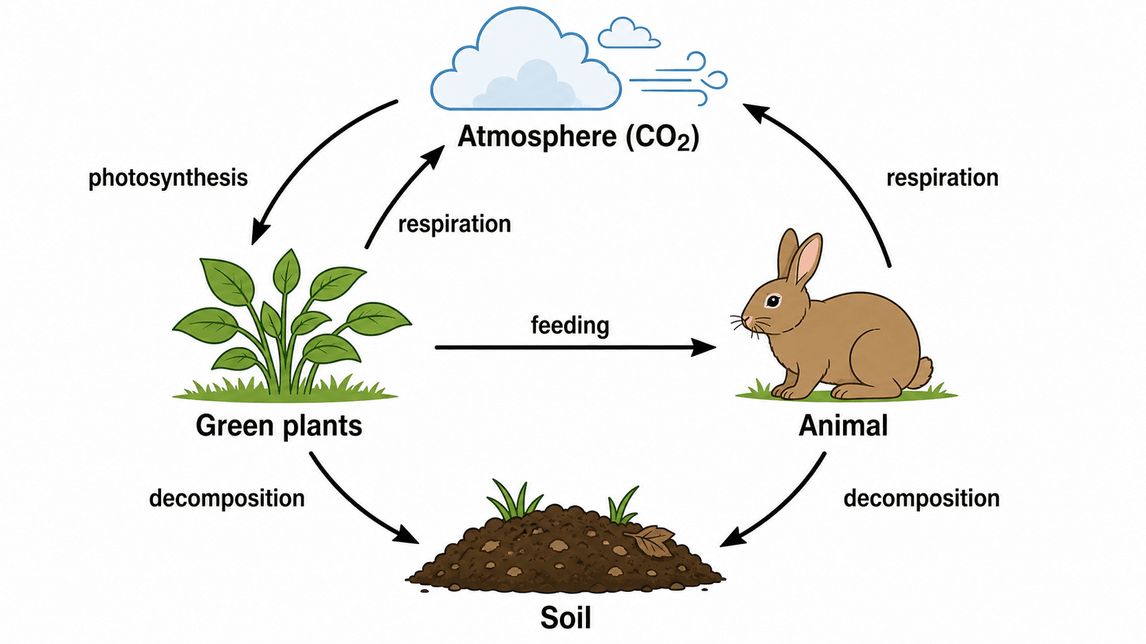 Ciclo del carbonio di base — Semplice diagramma del ciclo del carbonio che mostra la CO2 muoversi tra atmosfera, piante, animali e suolo con frecce direzionali chiare.