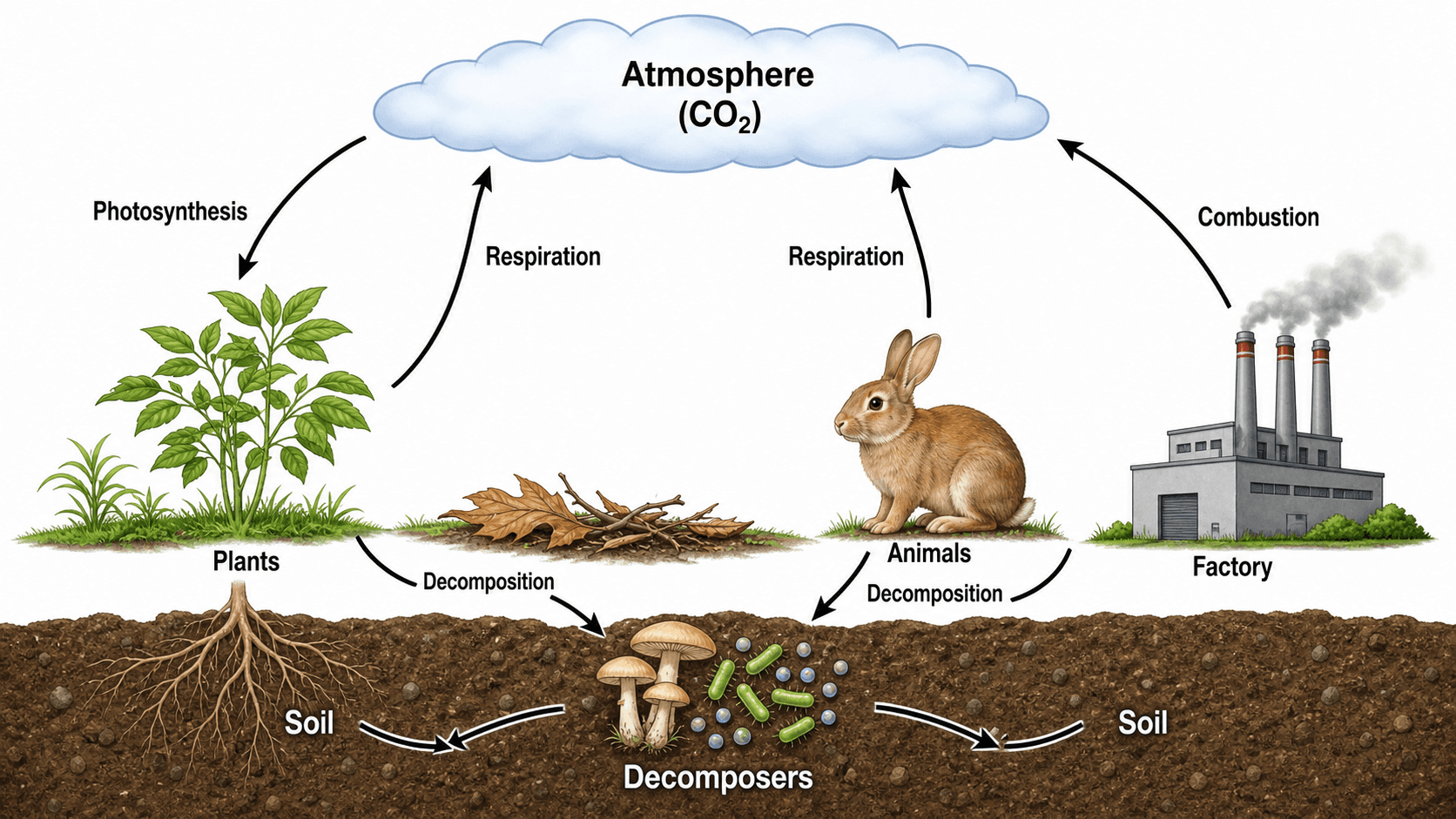Processi completamente etichettati — Ciclo del carbonio completo con ogni processo nominato — fotosintesi, respirazione, decomposizione e combustione — che indica ciascun passaggio.