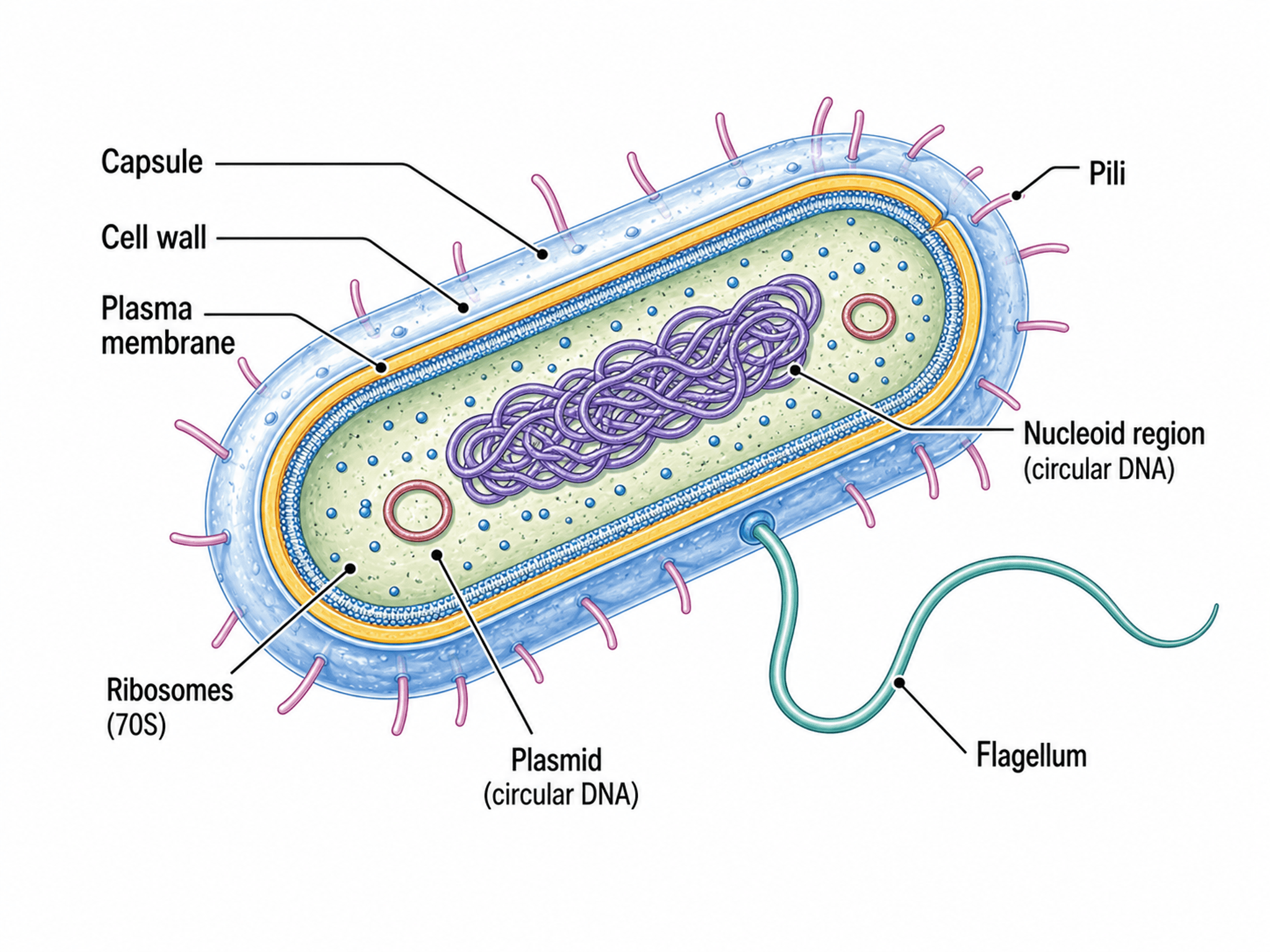Diagrama de Célula Bacteriana — Ilustración de célula bacteriana procariota con nucleoide, flagelo y pili para microbiología.