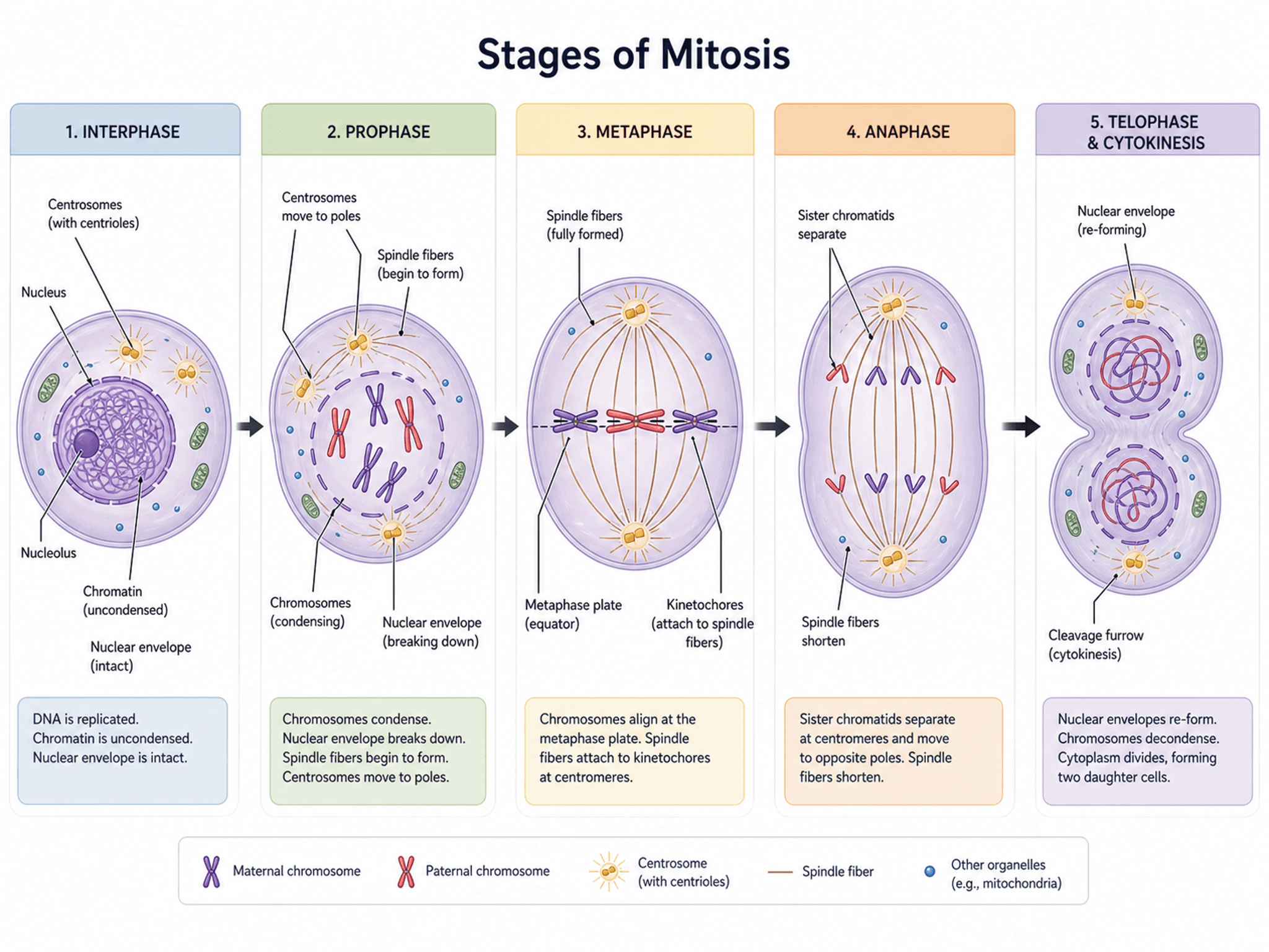 División Celular (Mitosis) — Ilustración multipanel de la mitosis que muestra cada fase de la división celular en secuencia.