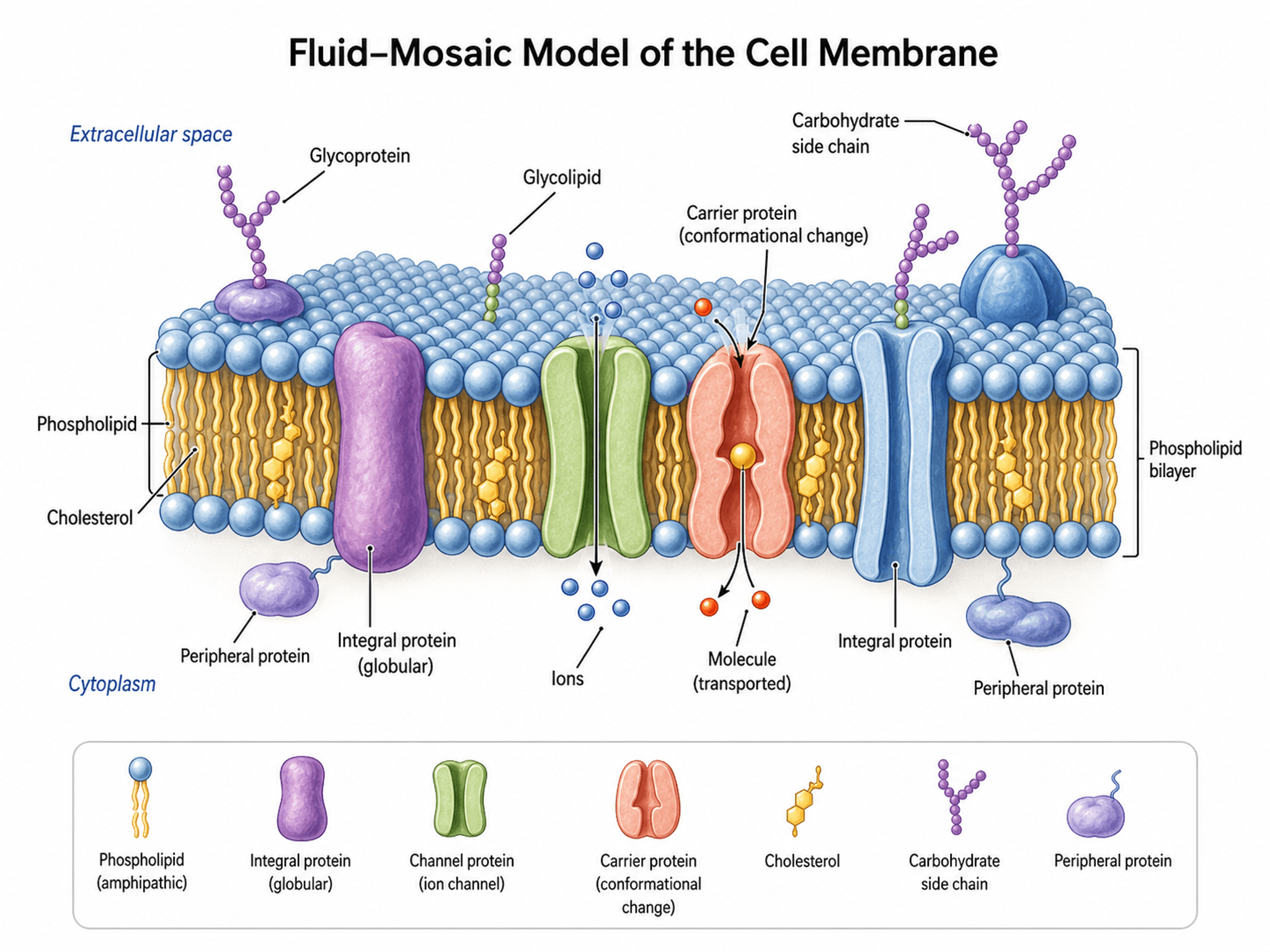 Estructura de la Membrana Plasmática — Sección transversal de membrana plasmática con modelo de mosaico fluido con la bicapa fosfolipídica y proteínas de membrana.