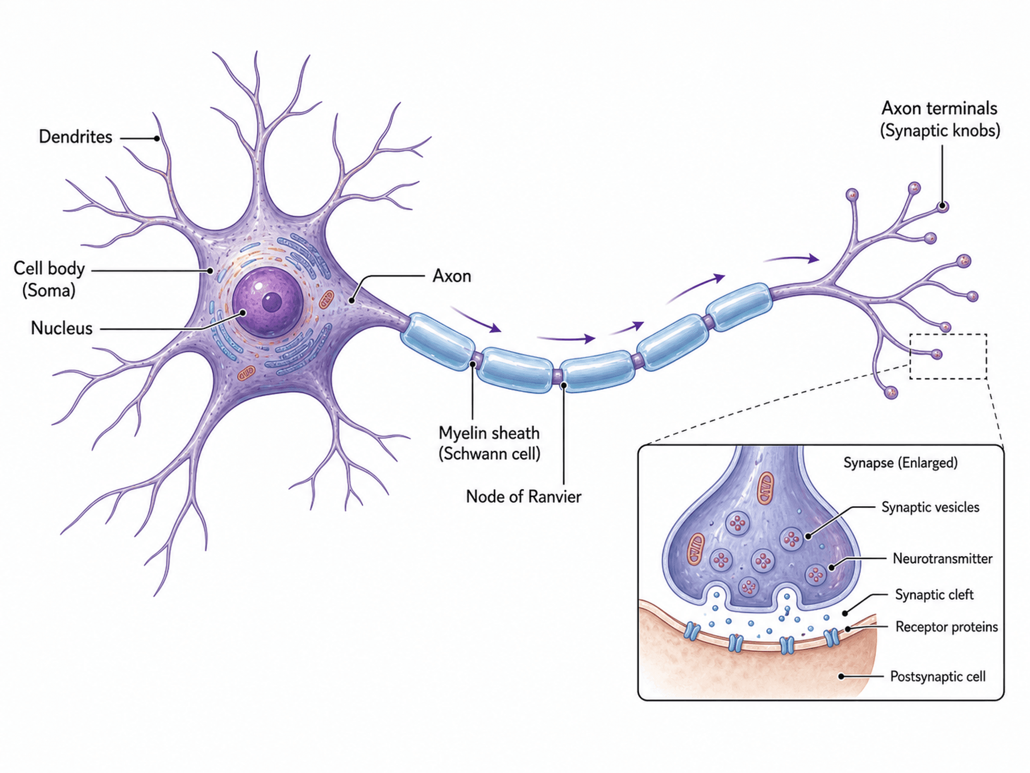 Estructura de Neurona — Ilustración de neurona etiquetada con soma, dendritas, axón y vaina de mielina para neurociencia.