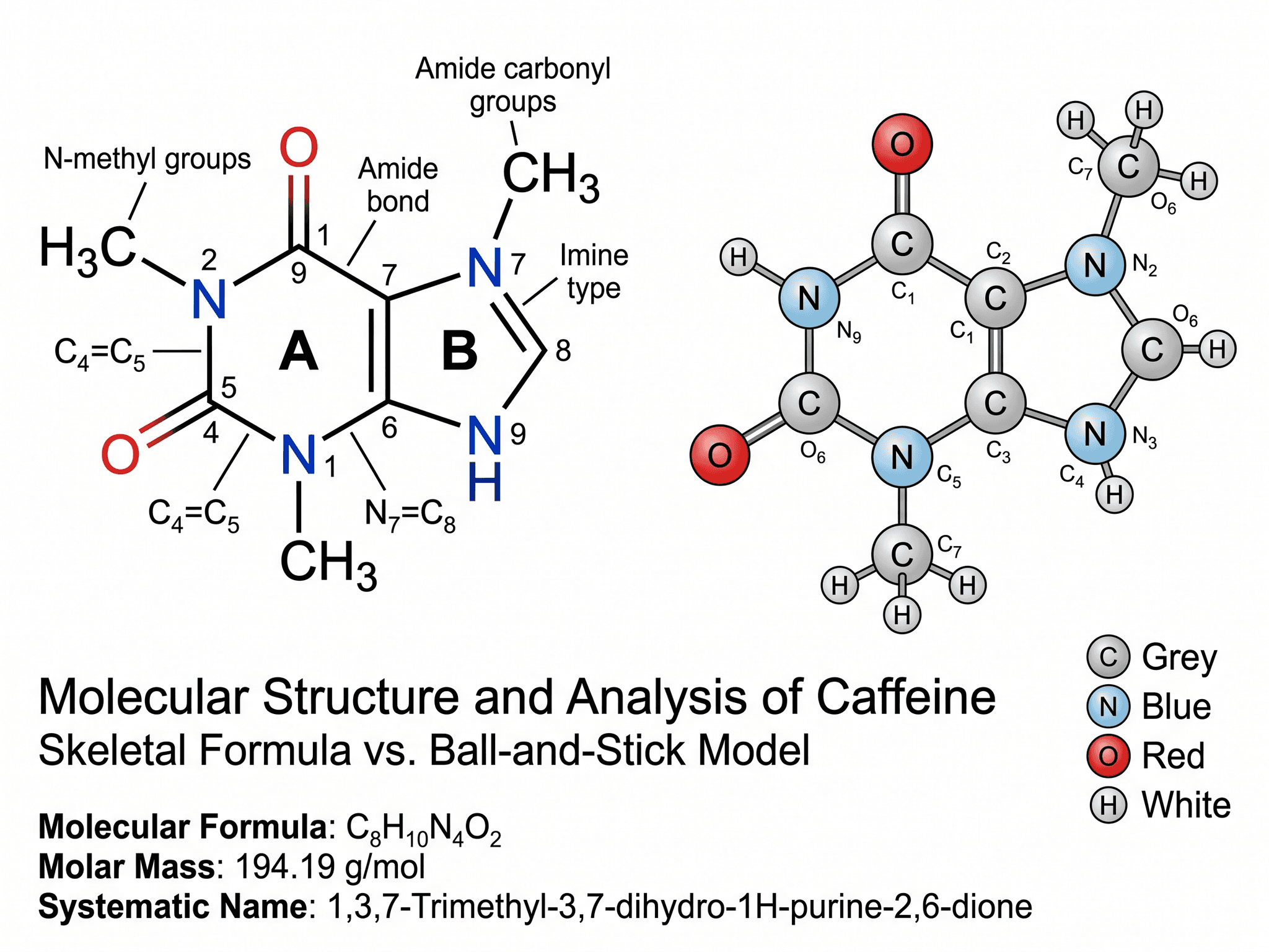 Structure moléculaire — Structure moléculaire annotée avec formule développée et modèle sphère-bâton coloré.